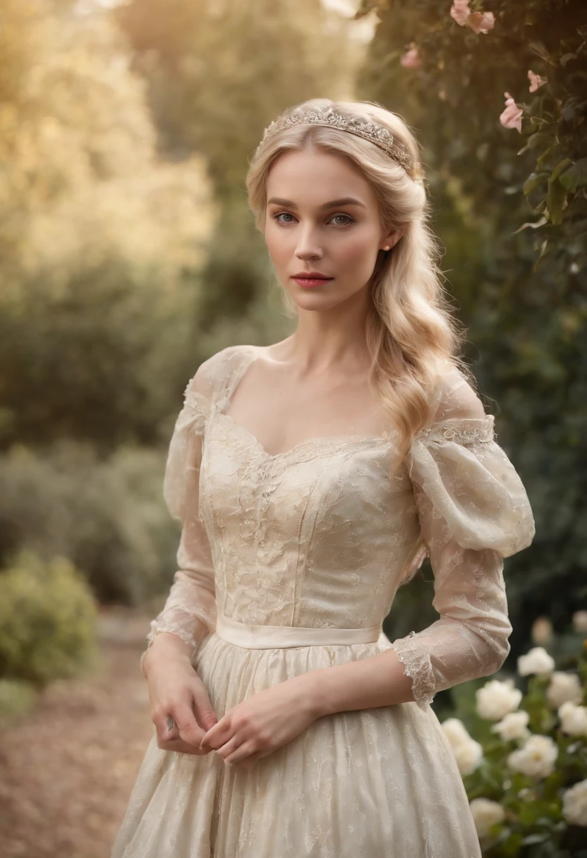 A stunningly beautiful blonde fairytale Princess walking through a garden wearing an elegant Victorian morning dress