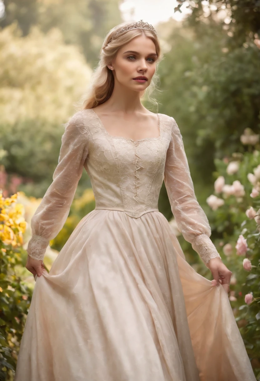 A stunningly beautiful blonde fairytale Princess walking through a garden wearing an elegant Victorian morning dress
