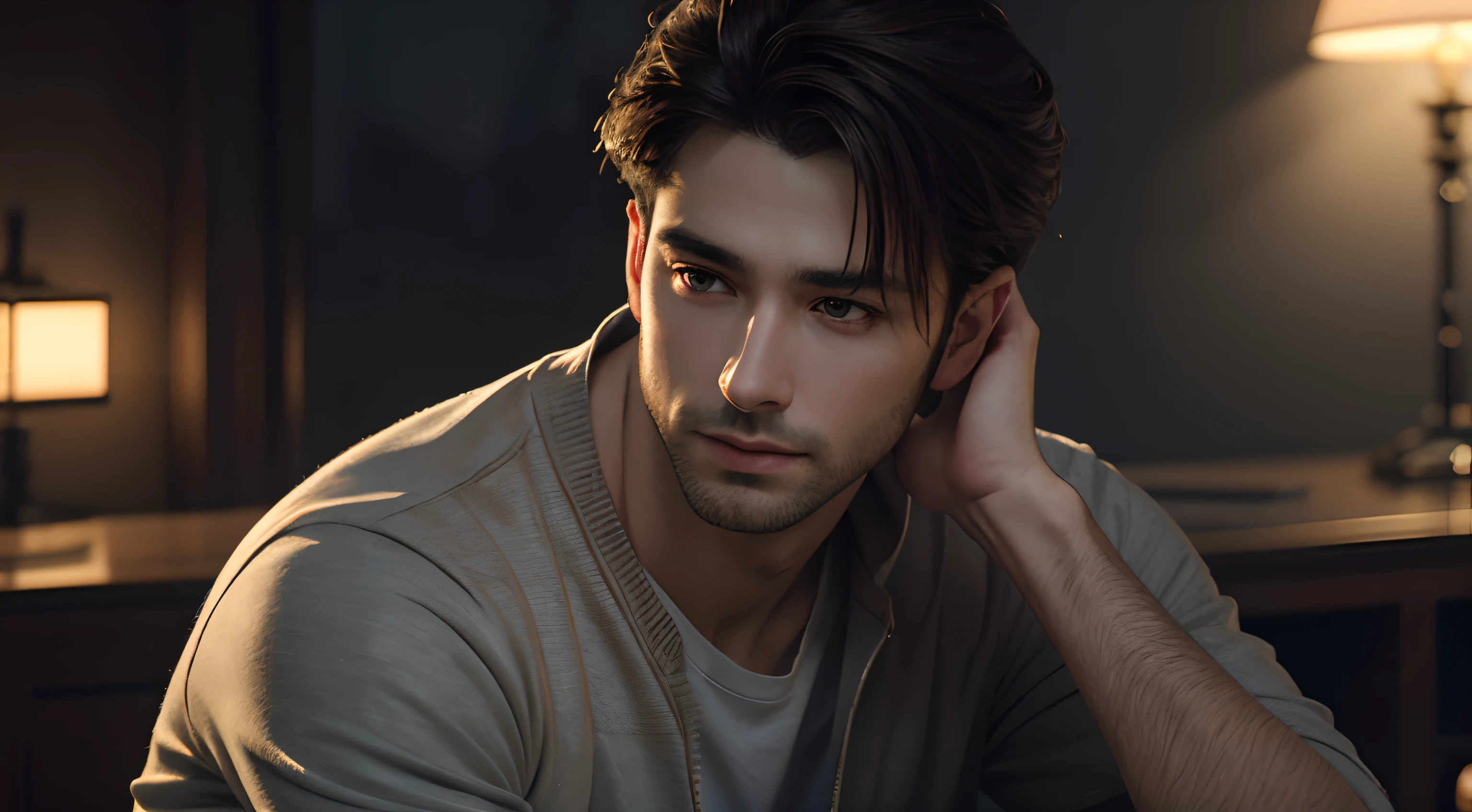 best quality, 4k, 8k, high resolution, masterpiece: 1.2, ultra-detailed, realistic: 1.37, portrait, moody lighting, impressionistic, hazy colors, soft brushstrokes, married man, young man, handsome face, full body, outfit casual, strong contrasts between light and shadow,