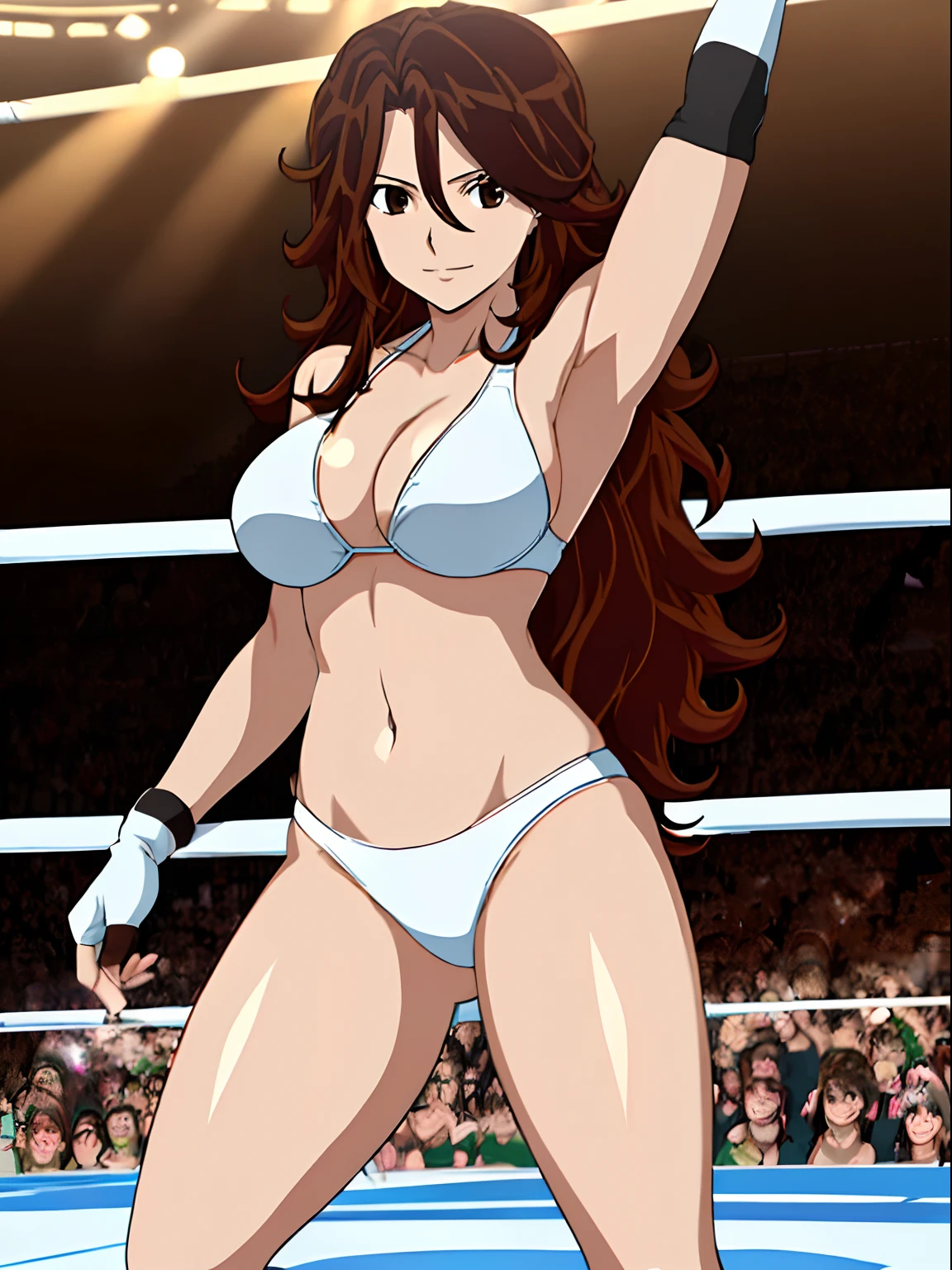 full body view, detailed face, , detailed body, 4k, Sumergai Lee Noriega, best quality, anime style, hires, highest definition, digital blending, bold drawing lines, ((), (slender body), mature woman, (female wrestler, white wrestling bikini, biceps, white fingerless gloves), (location: wrestling ring, crowd watching), cheerful, gorgeous, smile, (closed mouth), (pale skin, shiny skin, ), (cleavage), (strong arms, clean face), (), (brown hair, curly hair, long hair), 27 years old, sexy