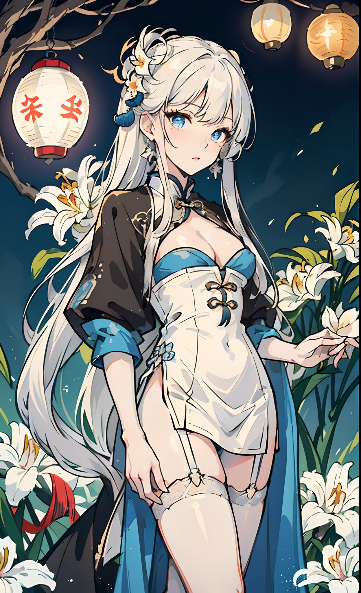Masterpiece, Best Quality, 1girl, illustrious (The Radiance of a Maiden Lily) (azur lane), white colored hair, extra very long hair, blue eyes, hair ornaments, pectorals, cleavage, Chinese dress, Chinese Clothing, official alternate costume, White Thighs, garter straps, short sleeves, Chinese Commentary, lantern,