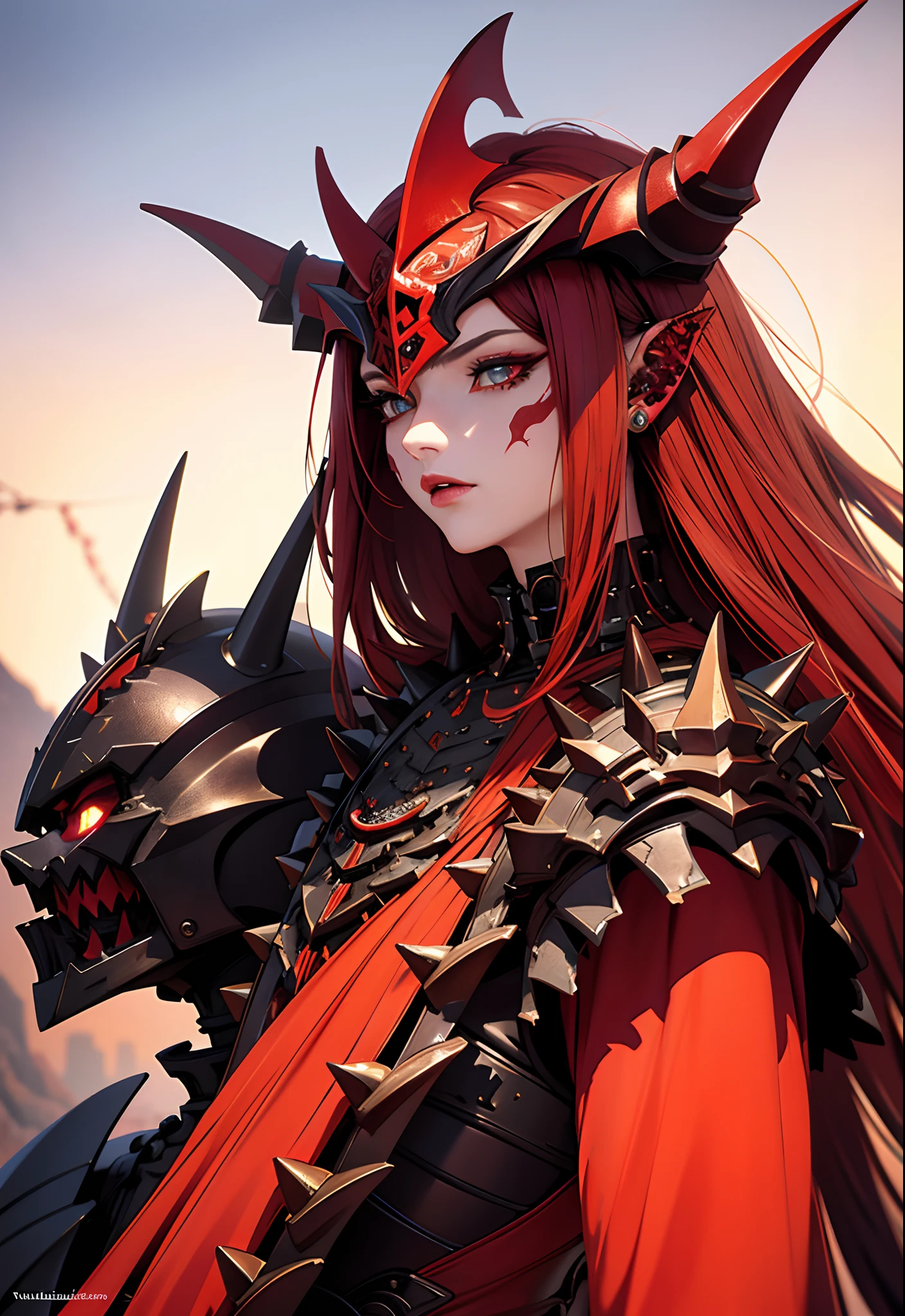 (tmasterpiece, hiquality, beste-Qualit, official arts, Beautiful and aesthetically pleasing: 1.2), (High, Demon Woman with Red Skin, with stone spikes on the body, Cast-iron black armor covered, With helmet), Extremely detailed, (s fractal art: 1.3), Colorful, As detailed as possible