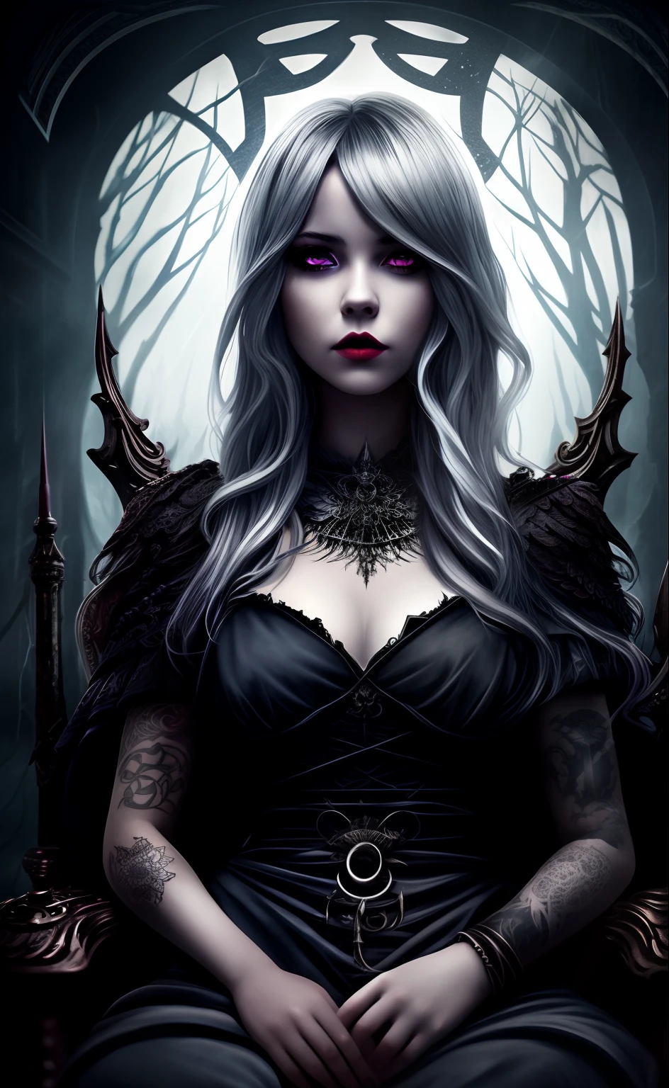 dark fantasy theme, mystical, zoomed, Dark theme, underworld theme, deviant art masterpiece, a pale girl on a dark throne, crimson eyes, grey hair, dark dress, dark tattoos, colour grading, dark illustration, extreme quality, extremely detailed