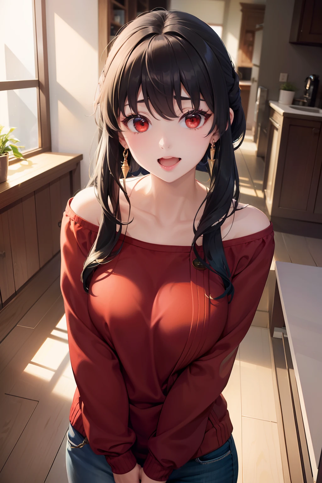 hight resolution、masterpiece、1girl in、Bjorf、A dark-haired、short hair with long locks、shairband、Kamimei、bending forward、Opening Mouth、Show your teeth and smile、Bring your face closer、Red Eyes、Gold Earrings、Jewelry、off shoulders、Red Sweater、long-sleeve