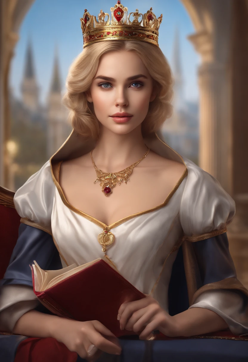 (Masterpiece: 1.2, Best Quality), Realistic, (Realistic Picture, Complex Details, Depth of Field), Best Quality, Masterpiece, Highly Detailed, Semi Realistic, 1 Girl, Mature Female, 21 Years Old, Blond Short Hair, Blue Eyes, King's Clothes, Red Cloak, Slim Figure, Crown Made of Precious Gold, Reading and Marking Documents, Goose Hair Pen, Office Table, Soft Bench