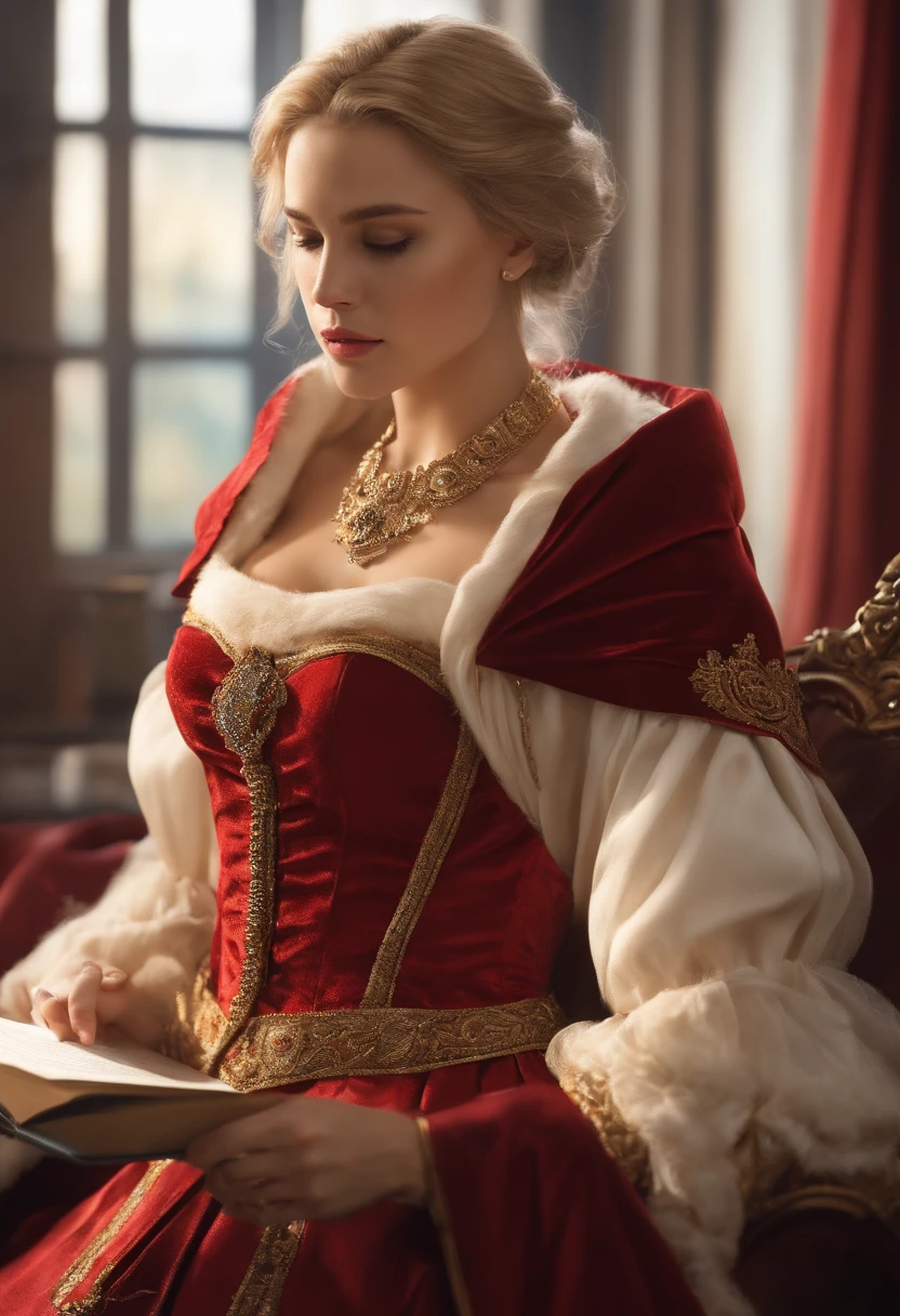 (Masterpiece: 1.2, Best Quality), Realistic, (Realistic Picture, Complex Details, Depth of Field), Best Quality, Masterpiece, Highly Detailed, Semi Realistic, 1 Girl, Mature Female, 21 Years Old, Blond Short Hair, Blue Eyes, King's Clothes, Red Cloak, Slim Figure, Crown Made of Precious Gold, Reading and Marking Documents, Goose Hair Pen, Office Table, Soft Bench
