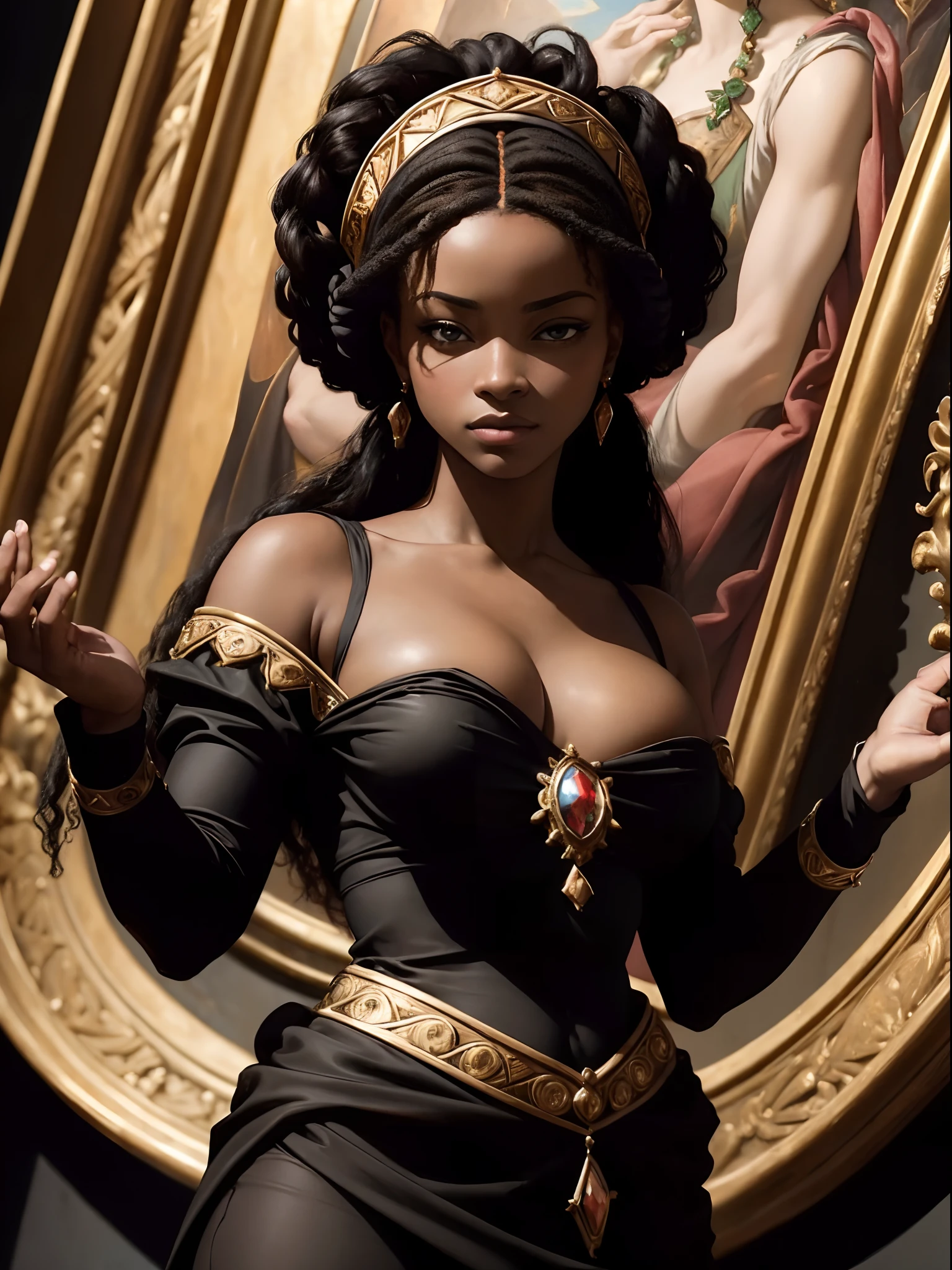 (Renaissance oil painting of a beautiful black woman:1.3), best quality, masterpiece, expressive, thrilling, 256k, epic, crepuscular lights, (by Michelangelo, by Rafael, by Rubens:1.2), chiaroscuro, best quality, masterpiece, (best hands), excellent, outstanding, breathtaking, gorgeous, top quality, 10/10, splendid, amazing, wonderful