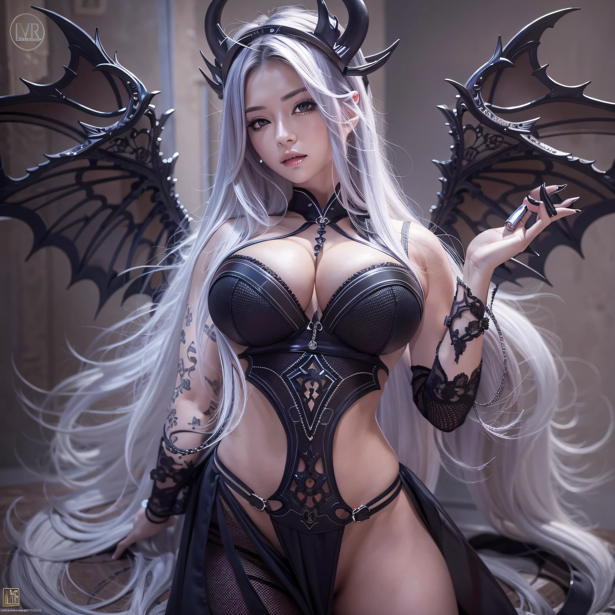 Masterpiece, RAW photo，high resolution，best quality，high definition, perfect composition, perfect face, perfect body, 16K，Cinematic lighting，succubus，silber hair，beautiful countenance，huge tit，Revealing clothing，ratex，