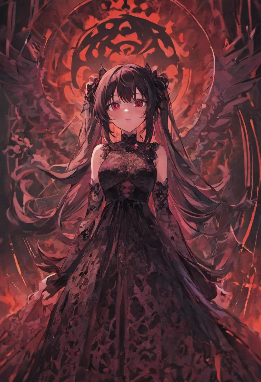 Evil long-haired girl,Wearing a long black lace dress,Shoulders exposed,evil grin smile,Be red in the face,(((((Lie down in bed)))),(((((unholy))))),red color eyes,cat ear,(((mystical ambiance))),(((Dark style))),((((Side of the character))))