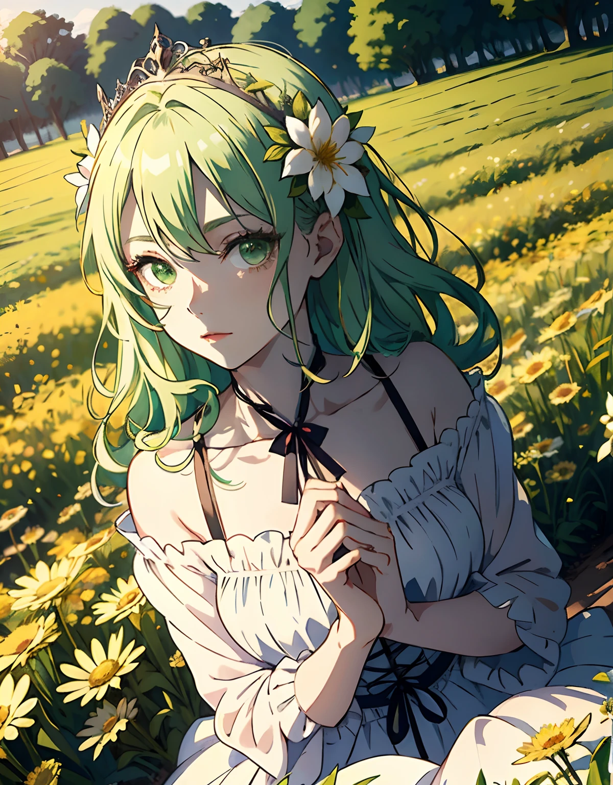 ((masterpiece, best quality)), (1girl, anime girl in flower field, medieval style),(mature), (solo), (female focus), (gren hair, messy hair, flower tiara),green eyes, ((dress, pale skin)) , warm smile, portraits, close up, upper body, vibrant colors, soft lighting, looking straight forward