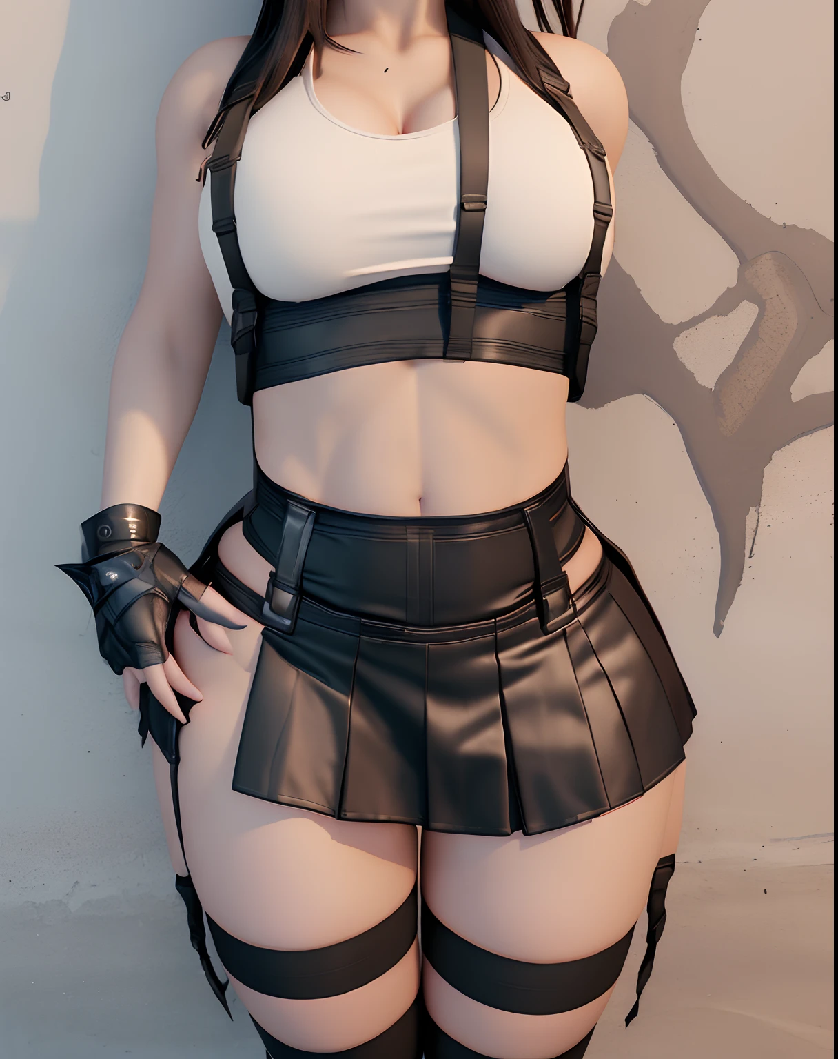 Master masterpiece, top-quality、Solo、Tifa Lockhart Original Costume、White tank top and black sports bra underwear、croptop、arm guards、Fingerless gloves、suspenders、Pleated mini-skirt、Absolute area、Split abs、Thin kubire、爆乳、Big ass、plump lower body、full bodyesbian