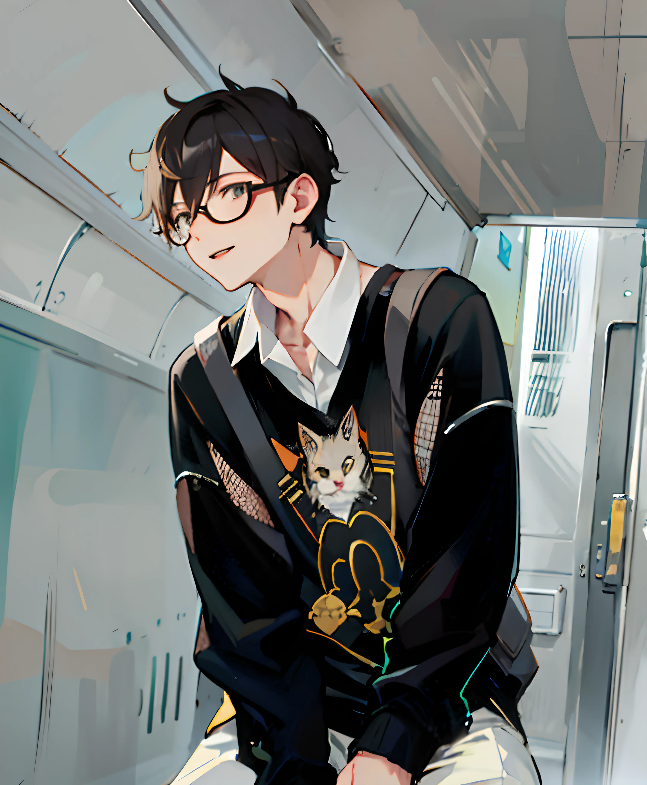 anime boy sitting on a bench in a train with a cat on his shoulder, high quality fanart, anime moe artstyle, inspired by Okumura Masanobu, high quality anime artstyle, in an anime style, digital anime illustration, official fanart, artwork in the style of guweiz, anime artstyle, shigenori soejima illustration