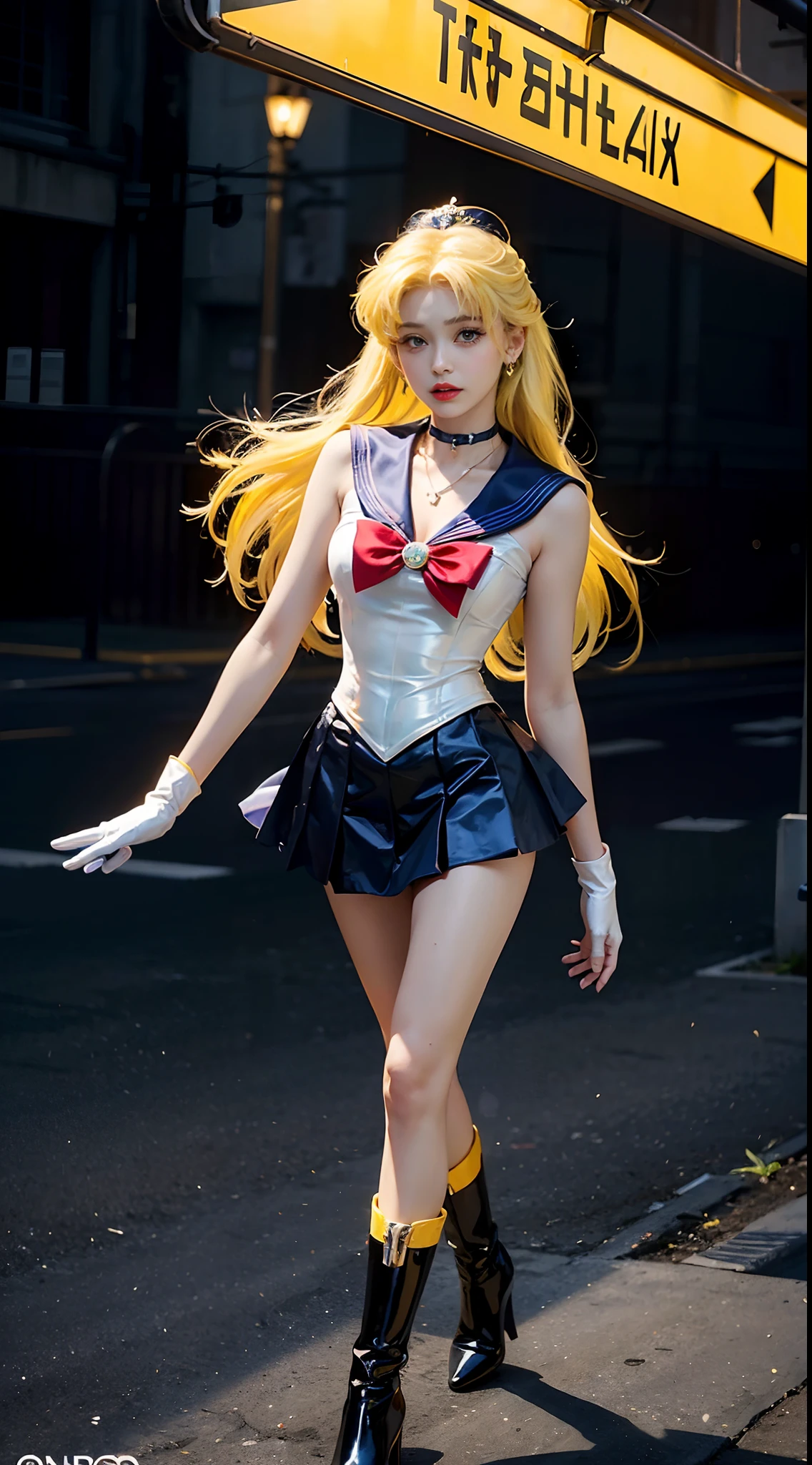 ((masterpiece:1.4)、(top-quality:1.4)、(reallistic:1.7))、masuter piece:1.4、a beauty girl、(Sailor Moon:1.4)、Tsukino Usagi、Body Fit Sexy Sailor Senshi Uniform、(latex shiny)、(The jacket is a white sleeveless sailor suit)、(Skirt is blue sexy ultra ultra mini skirt)、The collar of the sailor suit is blue with two thin lines.、high leg swimsuit、Red cloth ornament at chest、(Wearing white gloves)、Kawaii Girl、Super beauty、foco nítido、Portrait photos、Upper body photography:1.4、beautiful countenance、beautidful eyes、Narrow waist、(Yellow hair:1.4)、(length hair:1.2)、Raw photo、red-lips、Red boots:1.4、a choker:1.4、a necklace:1.4、耳Nipple Ring:1.4、Luxurious golden tiara on forehead:1.4、1 screen display、The landscape is a futuristic urban urban spaceport