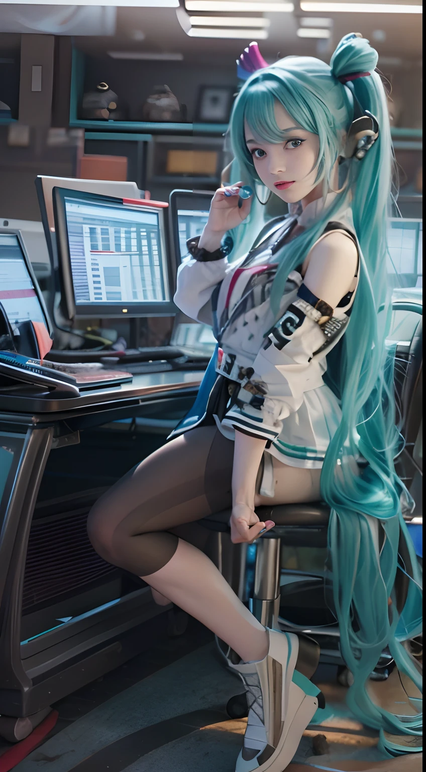 Hatsune Miku, masterpiece, 1 beautiful girl, Detailed eye, ((full body veiw)), Swollen eyes, top-quality, 超A high resolution, (reality: 1.4), 电影灯光, japanes, a asian beauty, very extremely beautiful, Beautiful skins, A slender, Forward-facing body, (A hyper-realistic), (hight resolution), (8K), (ighly detailed), ( Best Illustration), (beautifully detailed eyes), (ultra-detailliert), 详细的脸, Bright lighting, Professional Lighting、The background is a cyberpunk room with a large number of monitors.、The cord is connected from the costume、Hair color is red、headset on head、small tattoo on face、Female Game Commentator