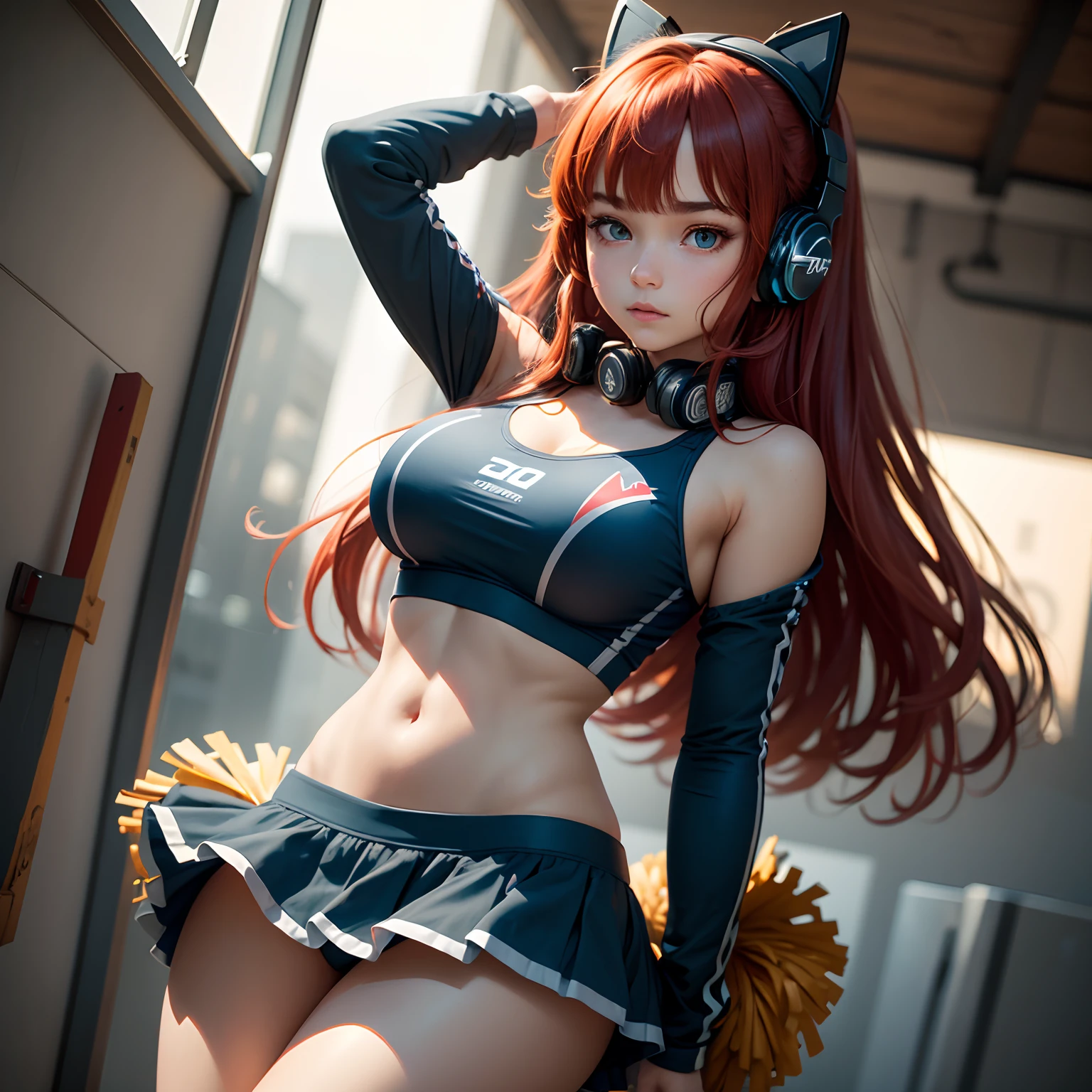 8k, masterpiece, best quality, realistic, higly detailed, cowboy shot, 1girl, solo, miku, emotionless looking girl, medium-length red hair, strands of hair hanging over the right side of her face, a set of wireless headphones that have a triangle-shaped logo on the ear cups around her neck, dark blue eyes, average height, well-endowed figure, large breasts, bangs cover her right eye, cheerleader