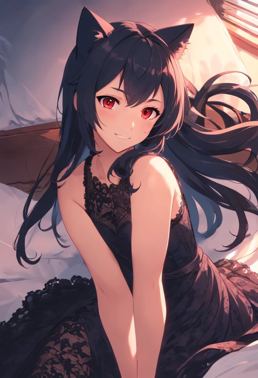 Evil long-haired girl,Wearing a long black lace dress,Shoulders exposed,evil grin smile,Be red in the face,(((((Lie down in bed)))),(((((unholy))))),red color eyes,cat ear,(((mystical ambiance))),(((Dark style))),((((Side of the character))))