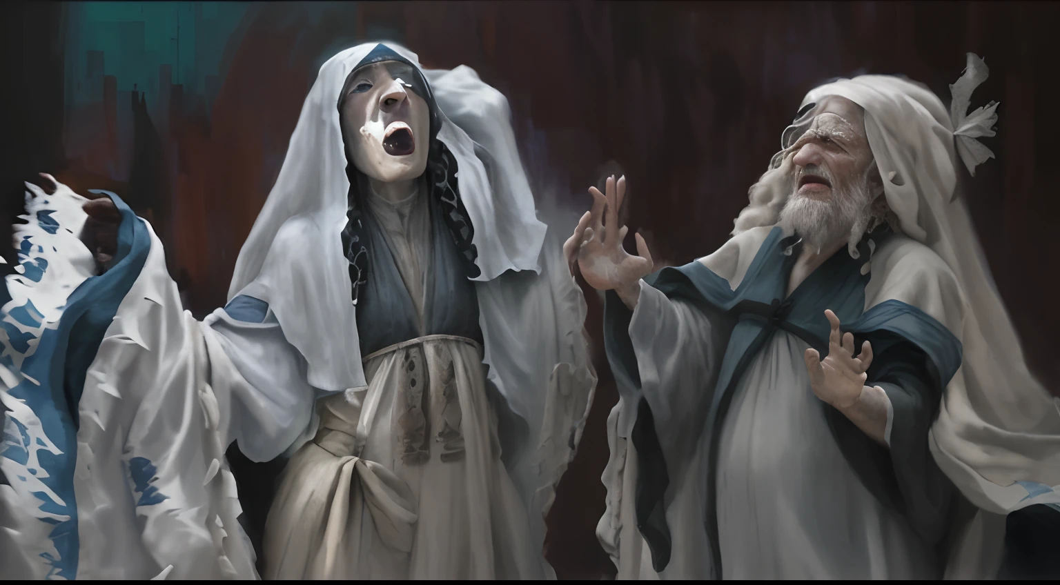 an old Hebrew man dressed in ancient robes, with his arms raised to the sky with a look of anguish, two Hebrew women in ancient clothes crying inconsolably, extremely detailed faces,