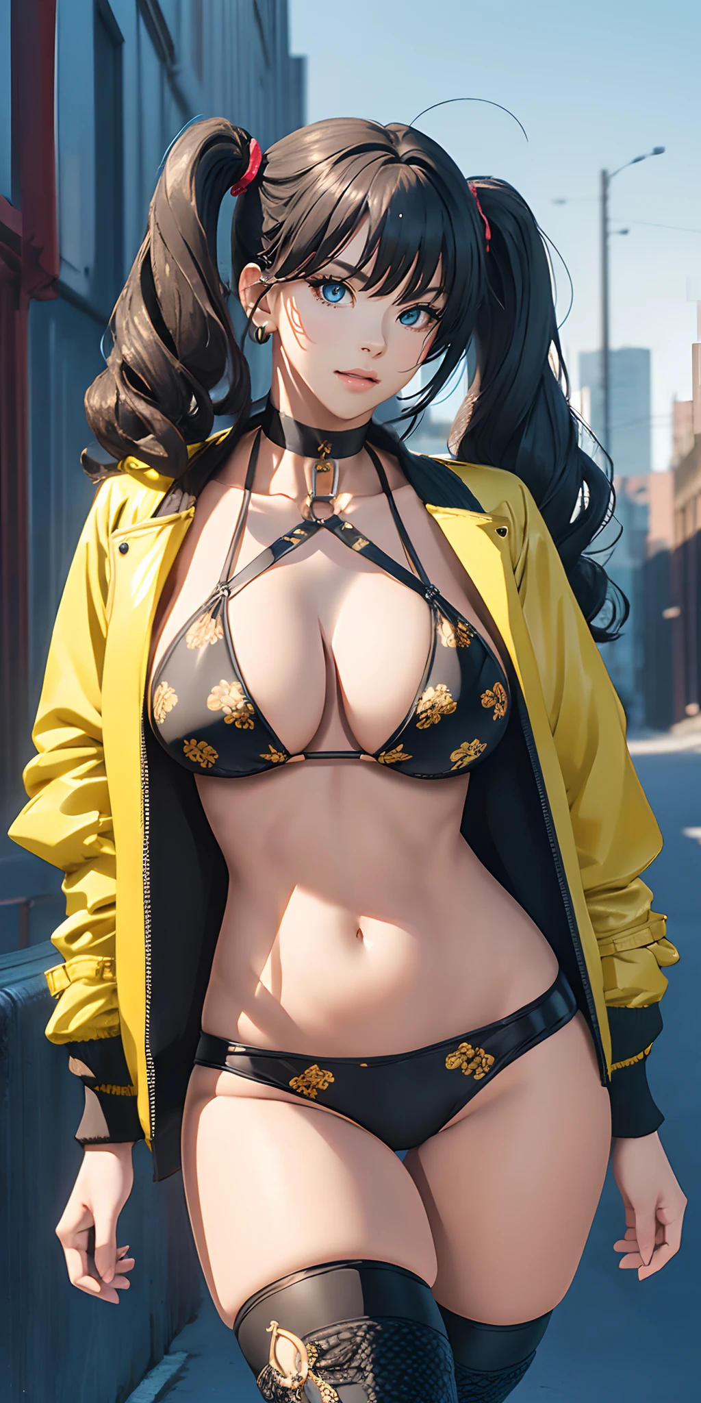 3/4 body illustration,voluptuous model,jrpg style,slim fit body,nice breasts,realism,(best quality,4k,8k,highres,masterpiece:1.2),(ultra-detailed,photorealistic:1.37),studio lighting,sharp focus,physically-based rendering,digital art, (woman, wavy hair, twintails, asymmetrical bangs, printed micro bikini top, jacket, miniskirt, thighhighs, choker, smile, parted lips, cute look), (standing at the city alley with elaborate details, city streets in background, late evening)