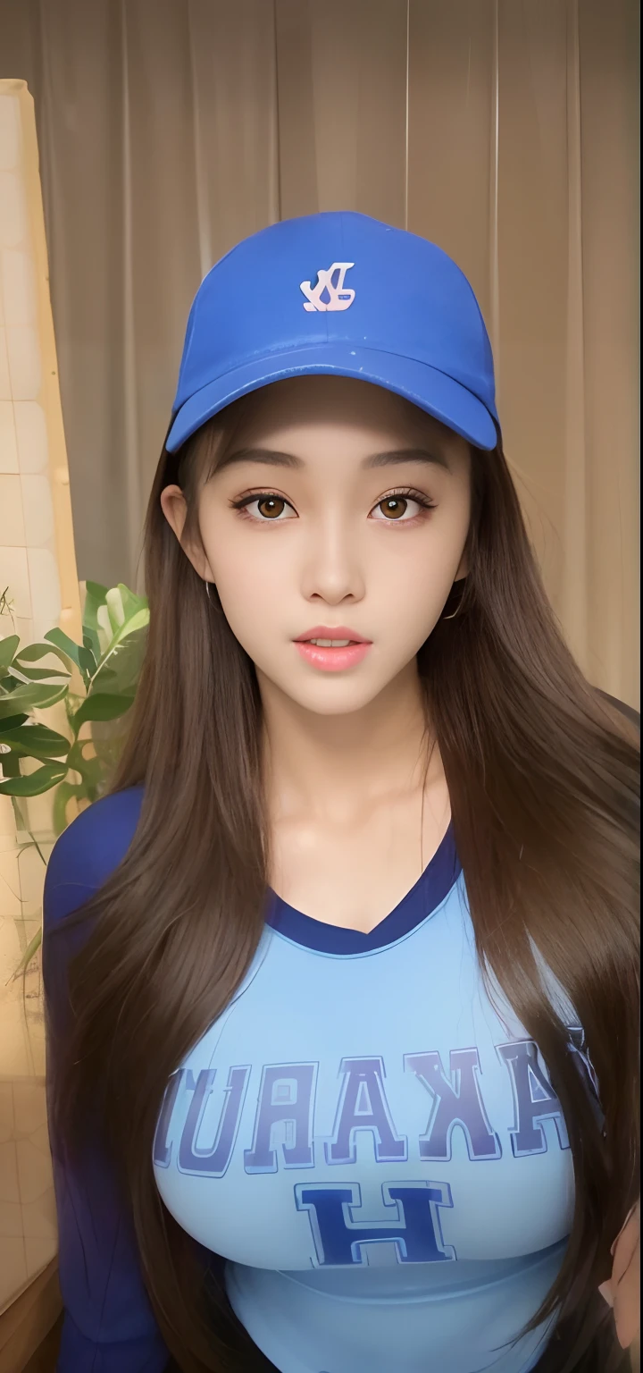 a close up of a woman wearing a baseball cap and a blue shirt, wan adorable korean face, young adorable korean face, gorgeous young korean woman, beautiful south korean woman, dilraba dilmurat, popular south korean makeup, jaeyeon nam, her face flushing and sweat, beautiful young korean woman, popular korean makeup, 8k selfie photograph, masterpiece, superdeformed, (((full body:1.3))), ultra high res, RAW photo, masterpiece, ultra detailed, 8k, full detailed hair, highres, best quality, ultra high res, ultra detailed face and eyes, (((photorealistic:1.4))), looking at viewer, (((smiling:1.2))), cute, (((large breast:1.7))), (((ray tracing:1.4))), ((((long legs:1.4)))), Best quality , masterpiece, large hip, Fully facial detailed, beautiful, ((very detailed of hair )) , (((:1.2))), thin lips, big eyes, highres, seducing, blue eyes , slim waist, 8k:1.2, 16k:1.2, highres, karol bak uhd, inspired by hajime sorayama, sensual gravure idol, buxom chested, panasonic lumix s pro 70mm