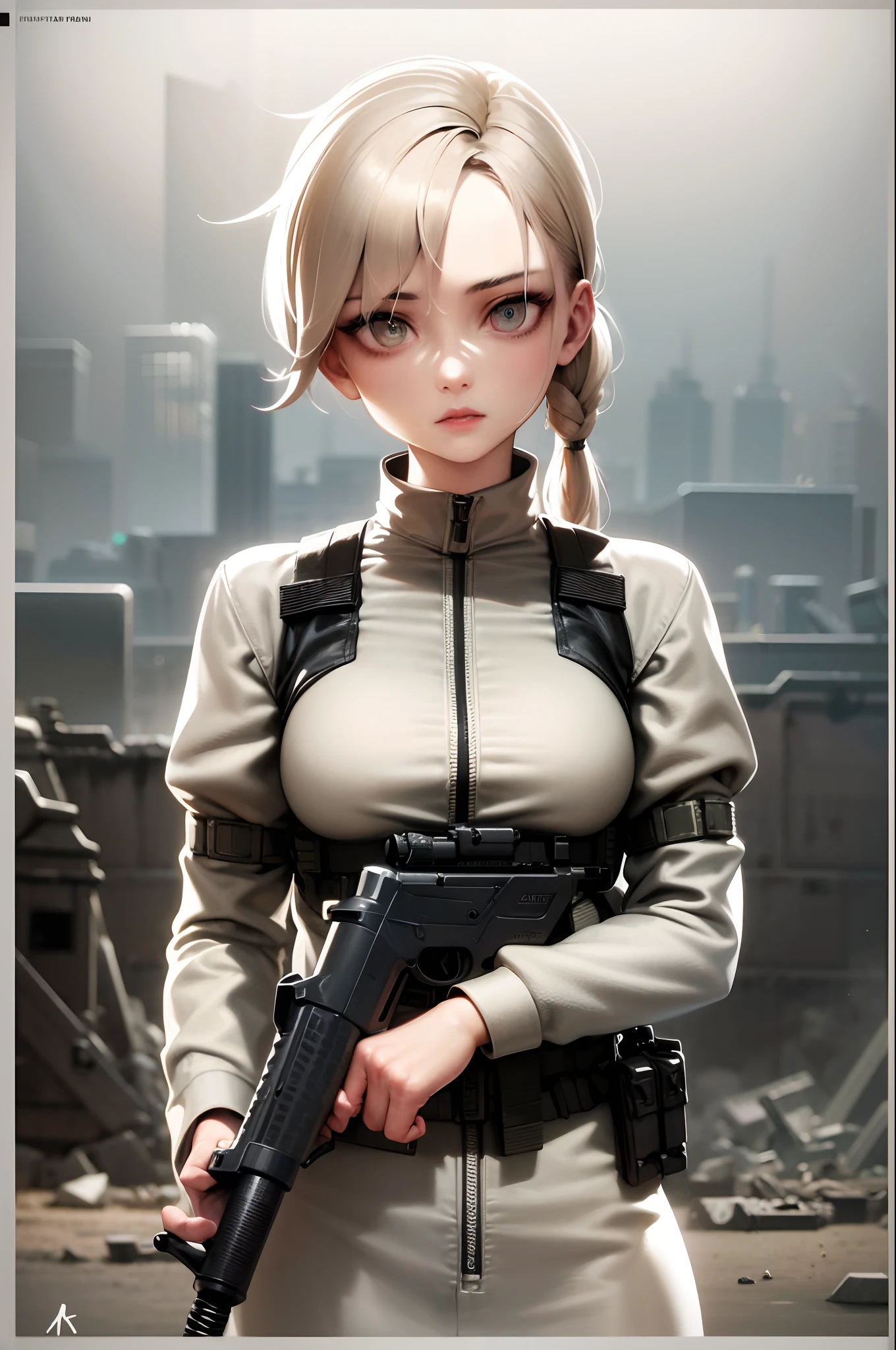 A woman soldier, camouflage uniform, determined expression, holding a rifle, standing in a war-torn city, dusty atmosphere, debris scattered on the ground, realistic gritty details, professional military equipment, tactical vest, helmet with night vision goggles, rugged boots, intense lighting, dramatic contrast, dark shadows, vibrant colors, cinematic quality, high-resolution artwork, epic composition, powerful composition.
