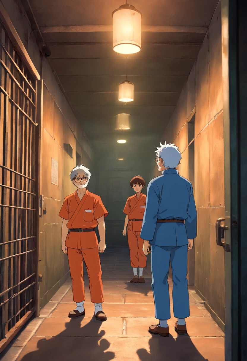 three men in prison uniforms stand in a dimly lit room, cinematic cgsociety, payday 2, cgsociety 9, detailed cinematic photography, arkham, by Richard Kane Ferguson, photorealistic dark concept art, riot entertainment realistic, hyperrealistic fantasy art, prison scene, promotional images, prison background, arkham city, game cg, cinematic keyframe, promo image