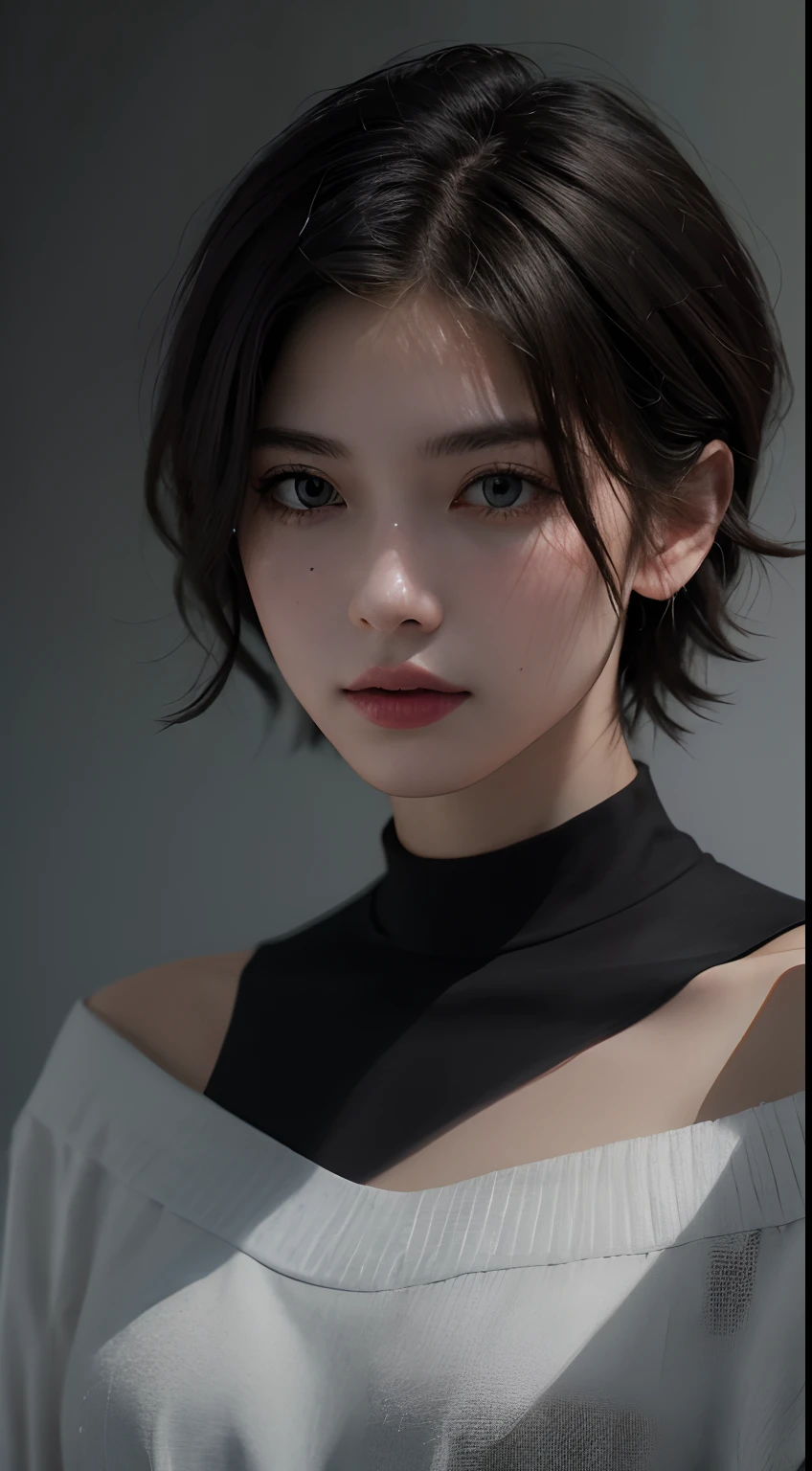 Best quality, masterpiece, ultra high res, (photorealistic:1.5), raw photo, 1girl, offshoulder, in the dark, deep shadow, low key, cold light, sexy look, short hair