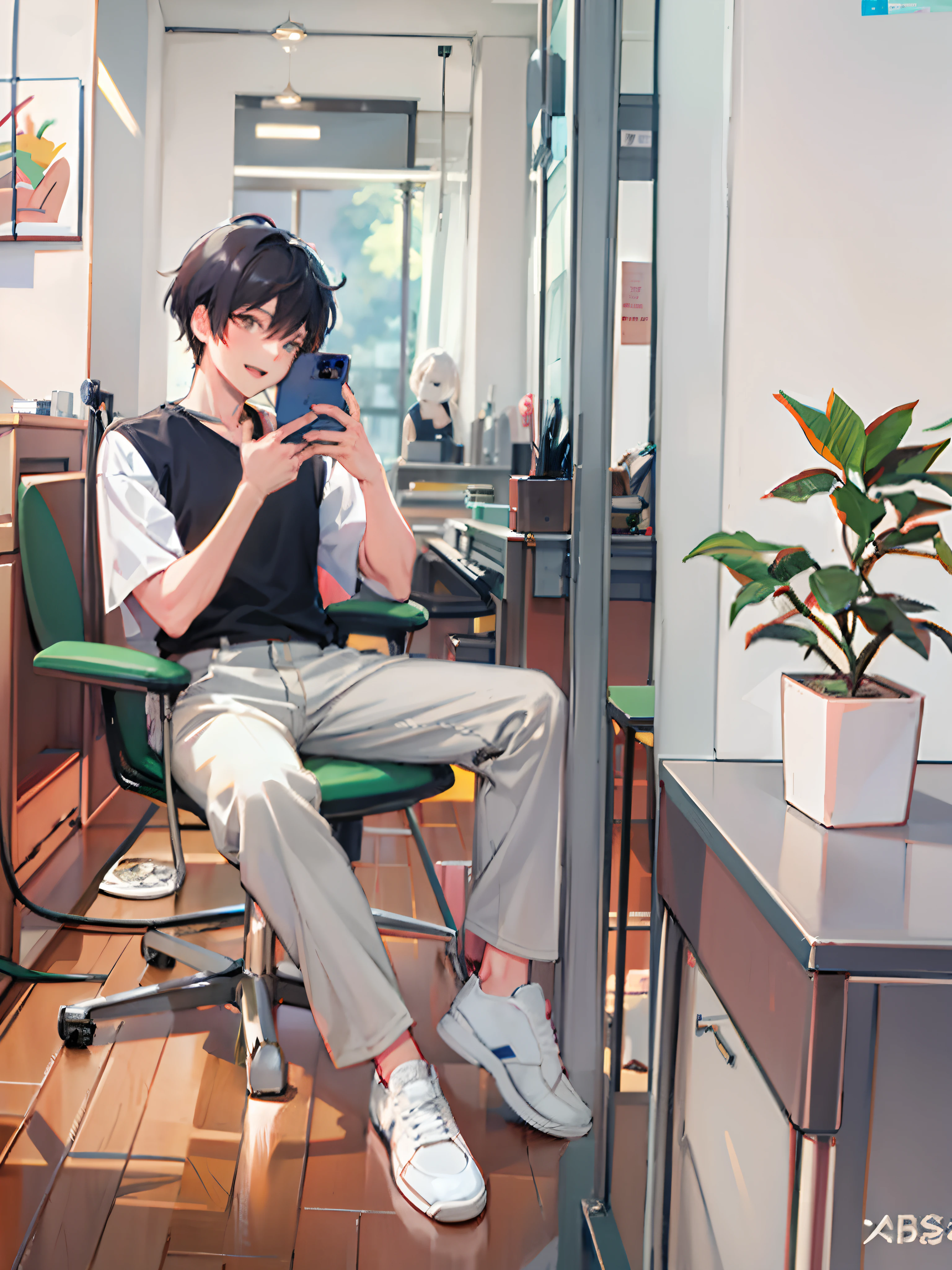 anime - style illustration of a man sitting in a chair in a room, lofi portrait, lofi artstyle, digital anime illustration, modern anime style, anime aesthetic, anime artstyle, high quality anime artstyle, handsome anime pose, anime art style, in an anime style, anime style only, in anime style, lofi art, anime moe artstyle