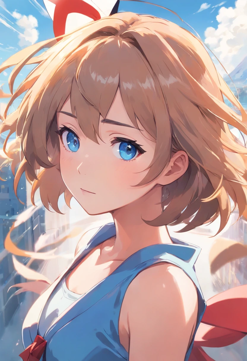masterpiece, best quality, highres, serena (pokemon), short hair, blue eyes, 1girl, solo, blue ribbon, eyelashes, neck ribbon, sleeveless, bangs, collarbone, bare arms, pink dress , red coat, white background, front, no scenery, looking at the viewer,upper body, facing viewer, solid color background, clean background, facing the camera, high resolution, expressionless calm face, white back ground, looking away, simple_background