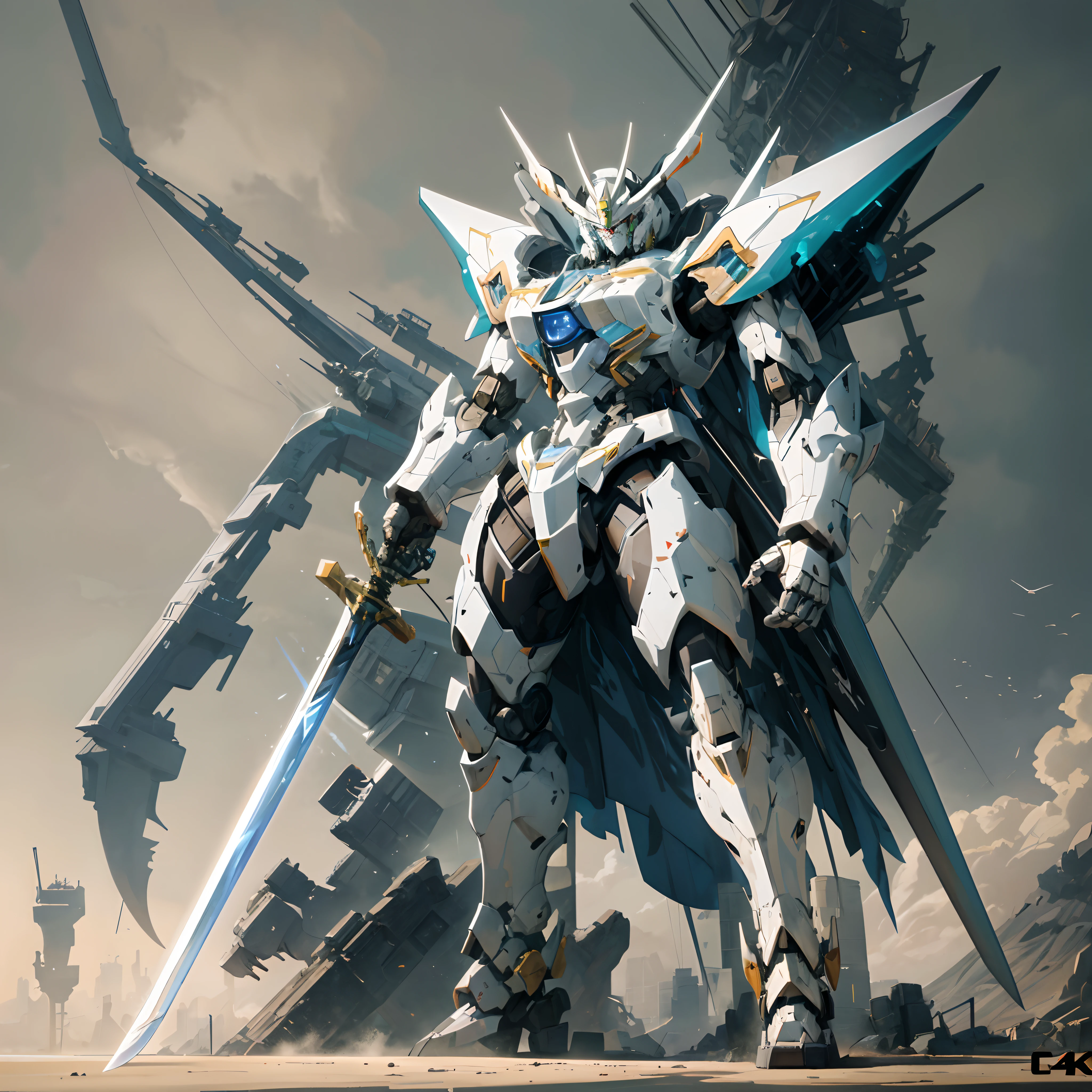 arafed robot standing in front of a huge structure with a sword, alexandre ferra white mecha, modern mecha anime, cool mecha style, an anime large mecha robot, white mecha, 4k highly detailed digital art, mecha art, concept art wallpaper 4k, anime mecha aesthetic, mecha anime, high quality digital concept art