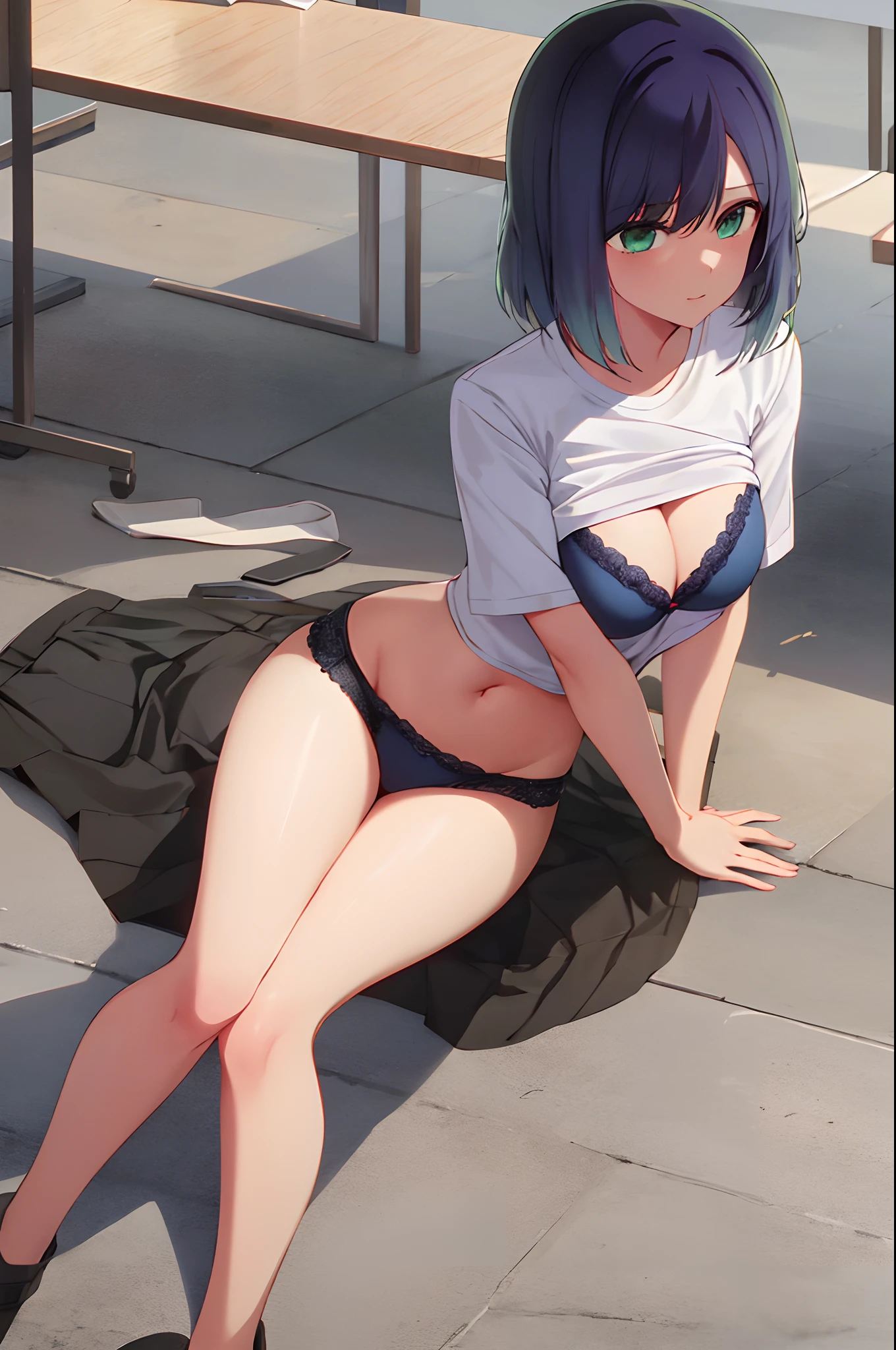 Best quality, dark blue hair and green eyes, large breasts, cleavage, navel, t-shirt, ((bra)),clothes lift, skirt, lying, full Body, perfect body ,sitting