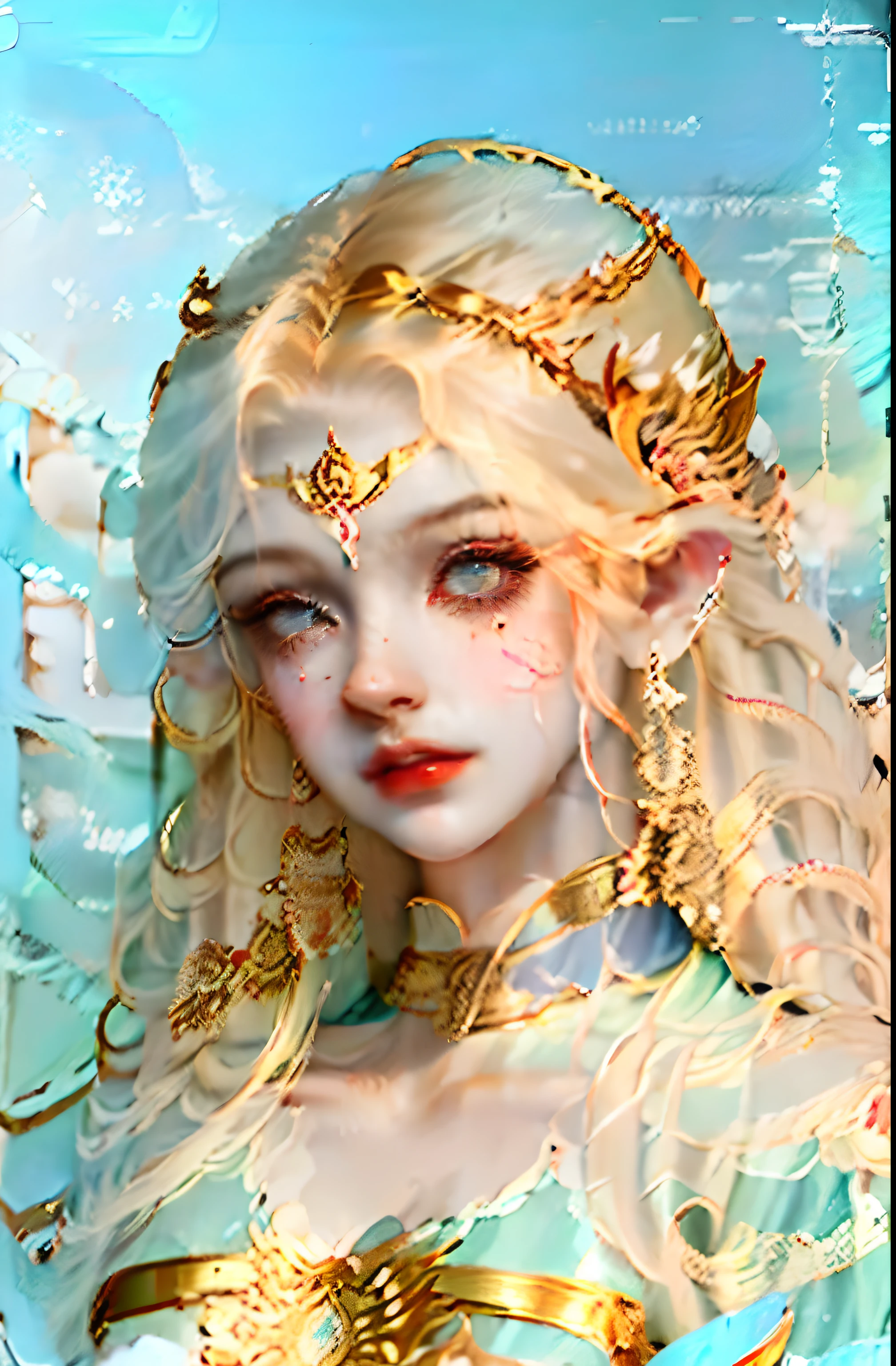 Absurd, ultra-detailed, high quality, masterpiece, detailed face, beautiful eyes(detailed eyes), Greek mythology, Goddess, Hera , the queen of the gods, striking and captivating, features are classically beautiful, with high cheekbones, a perfectly proportioned face, eyes depicted as large and captivating, hold an intense gaze, golden hair , Gole hair is luxuriant and flowing, cascading down her back in waves , wearing elegant robes adorned with intricate patterns , Her beauty is not merely superficial but embodies the essence of power, authority, and regality. --auto