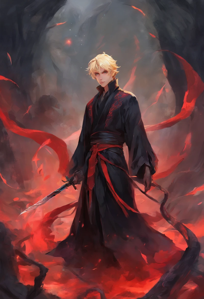 boy, blonde tied up hair, looks like Grim Reaper, red eyes, smile, wearing black robe, japan style, demon horns