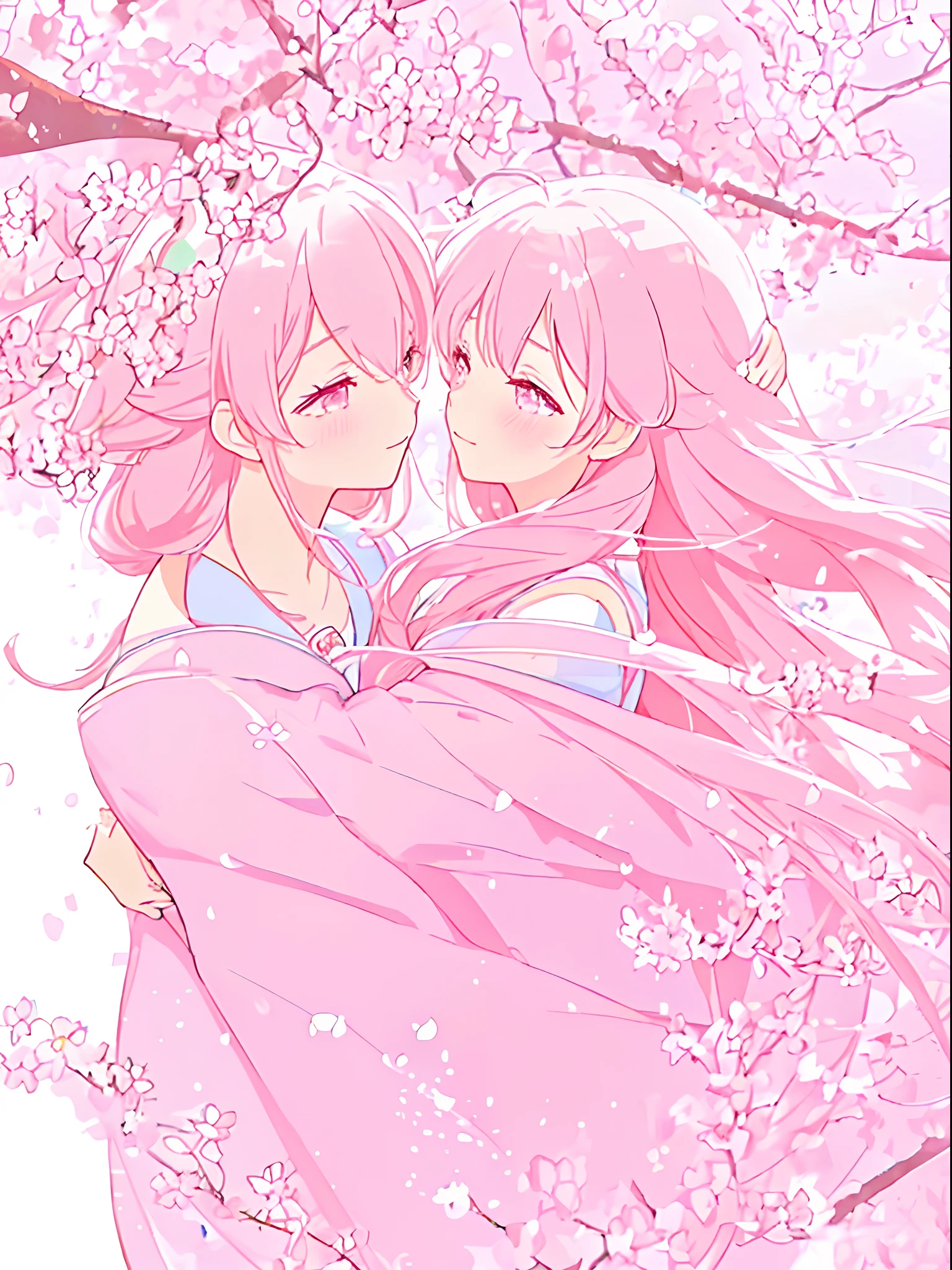 best quality, shoujo manga cover, couple, colorful, vibrant, detailed characters, sparkles, flowing hair, delicate features, expressive eyes, blushing cheeks, small noses, cherry blossom background, romantic atmosphere, soft lighting, pastel color palette, anime style, dreamy, whimsical, joyful, dynamic poses, hand in hand, love in the air