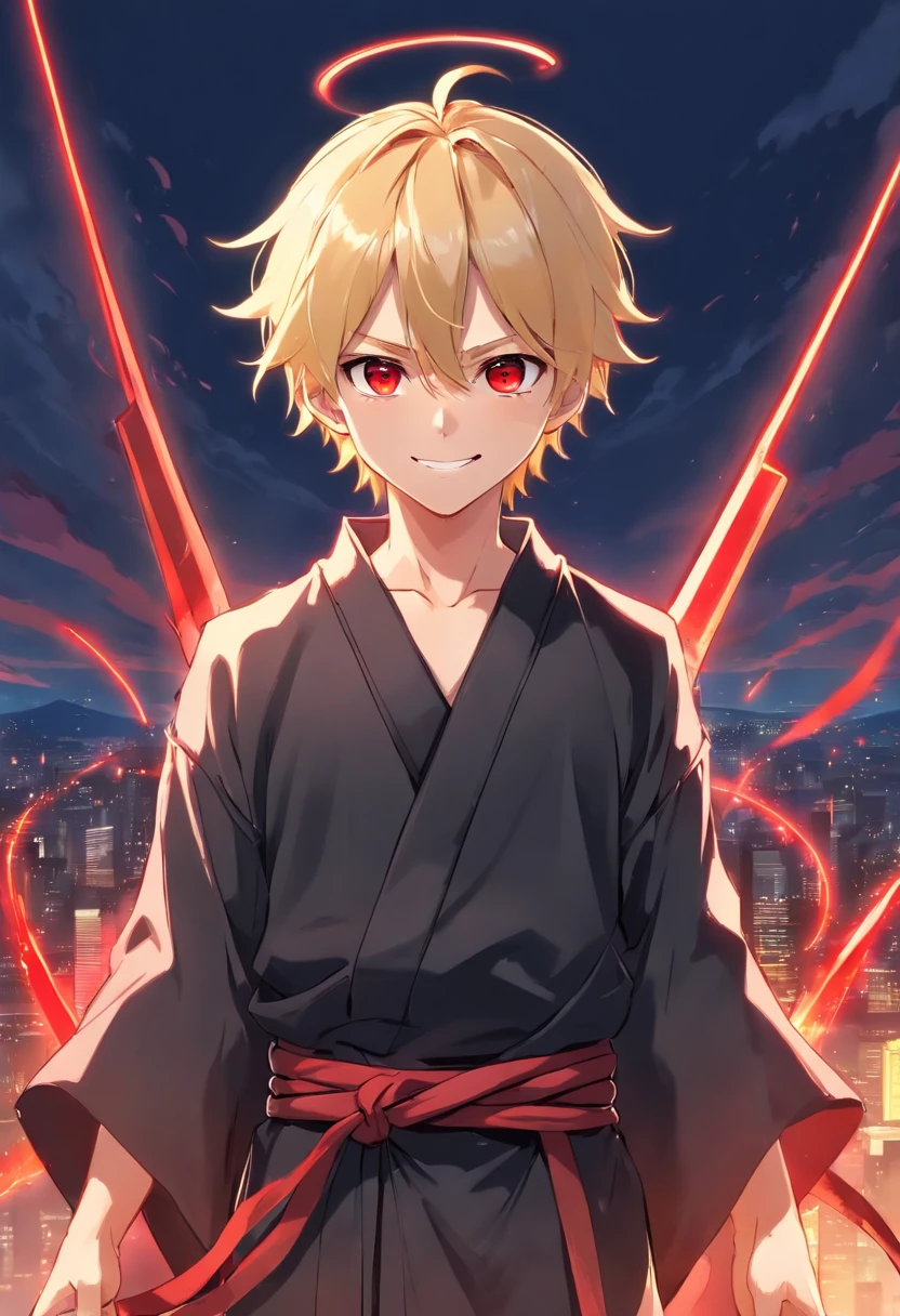 boy, blonde tied up hair, looks like Grim Reaper, red eyes, smile, wearing black robe, japan style, demon horns