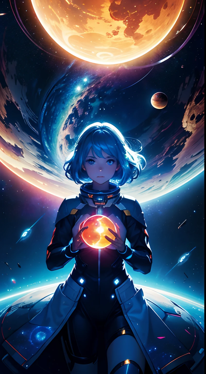 (masterpiece), best quality, a cute girl floating in the space holding a planet, ((holding)), sphere, ((glow, planet glow)), perfect face, expressive eyes, space suit, austronaut helmet, spiral galaxy, astronomy wallpaper, happy, colorful, exciting, gorgeous, blue giant star, cowboy shot, cosmic, cosmos 4k, shiny, perfect light, glowing sphere BREAK is a cute girl on space, she is holding a glwoing sphere with the two hands, she is wearing a white space suit, she has blue hair, red eyes, red giant star, sun like star, shine, BREAK vivid colors, bright,shiny, cool colors, dramatic lighting, artistic, creative, digital art, wallpaper, (glowing eyes), magical, impossible, good vibes, good emotions, adventure, (solo, alone,1girl)