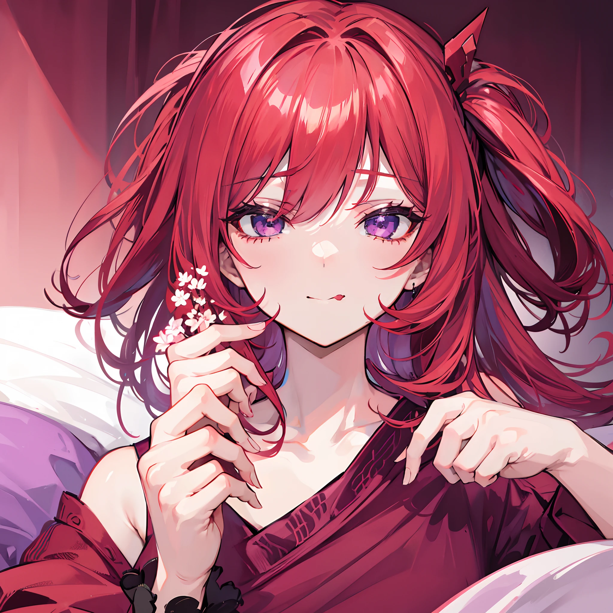 Red hair purple eyes laying on bed putting middle finger up right infront of face sticking tongue out