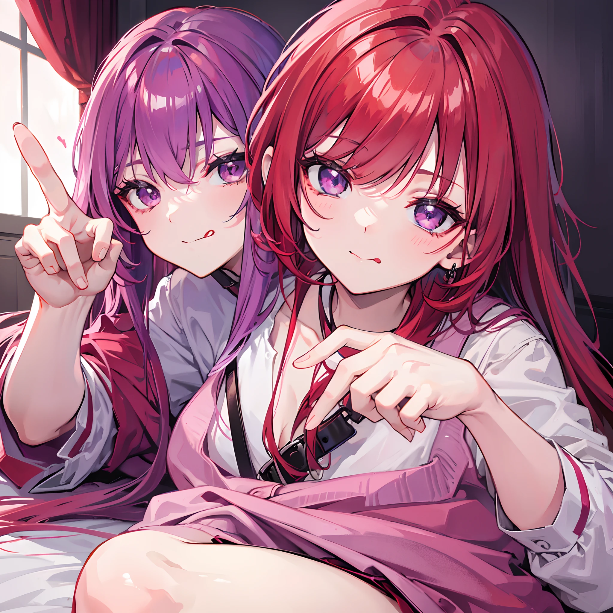 Red hair purple eyes laying on bed putting middle finger up right infront of face sticking tongue out