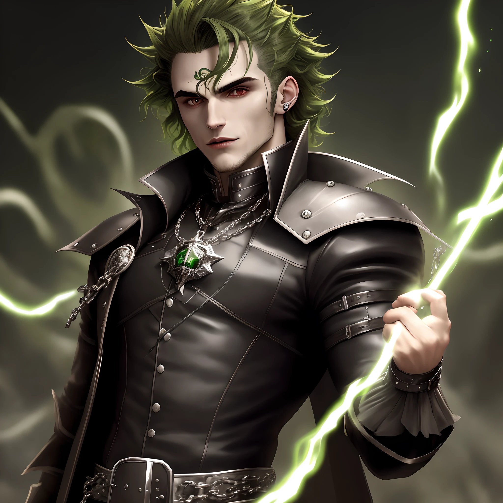 Vampire Hunter , chicote corrente de metal com uma bola na ponta, homem , 26 anos , cabelos pretos curtos, armadura de couro preta com tons verdes