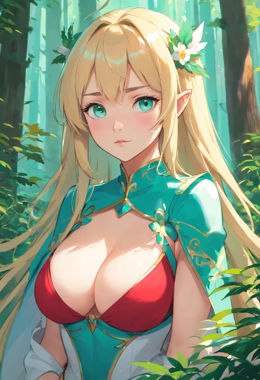 masterpiece, best quality, intricate details, gorgeous blonde elf woman, (mint eyes), Celestine Lucullus, perfect anatomy, perfect face:1.1), ((huge breasts!!!!!!)),(gigantic breasts!!!!), white one piece uniform, sharp focus, ((solo:1.4), (full body shot), looking at viewer, ultra-high definition, (1girl:1.4), extremely detailed illustration, smooth, extremely pixel perfect, detailed background, art by wlop and ross tran, forest, seductive,venusbody