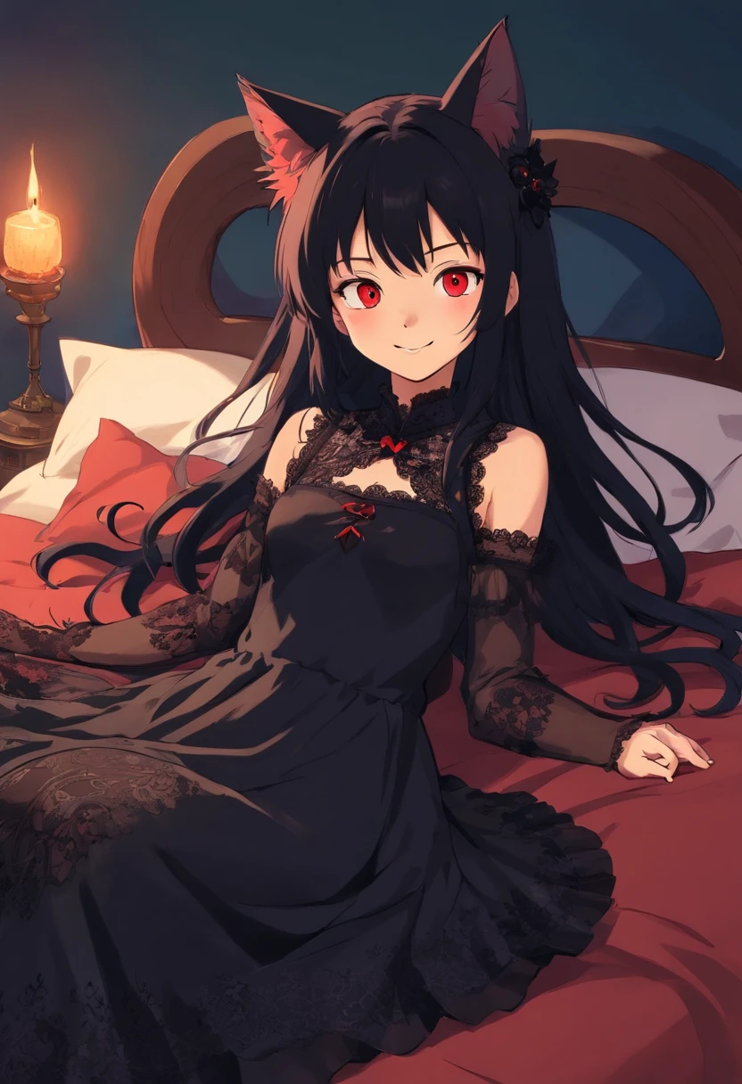 Evil long-haired girl,Wearing a long black lace dress,Shoulders exposed,evil grin smile,Be red in the face,(((((Lie down in bed)))),(((((unholy))))),red color eyes,cat ear,(((mystical ambiance))),(((Dark style))),((((Side of the character))))