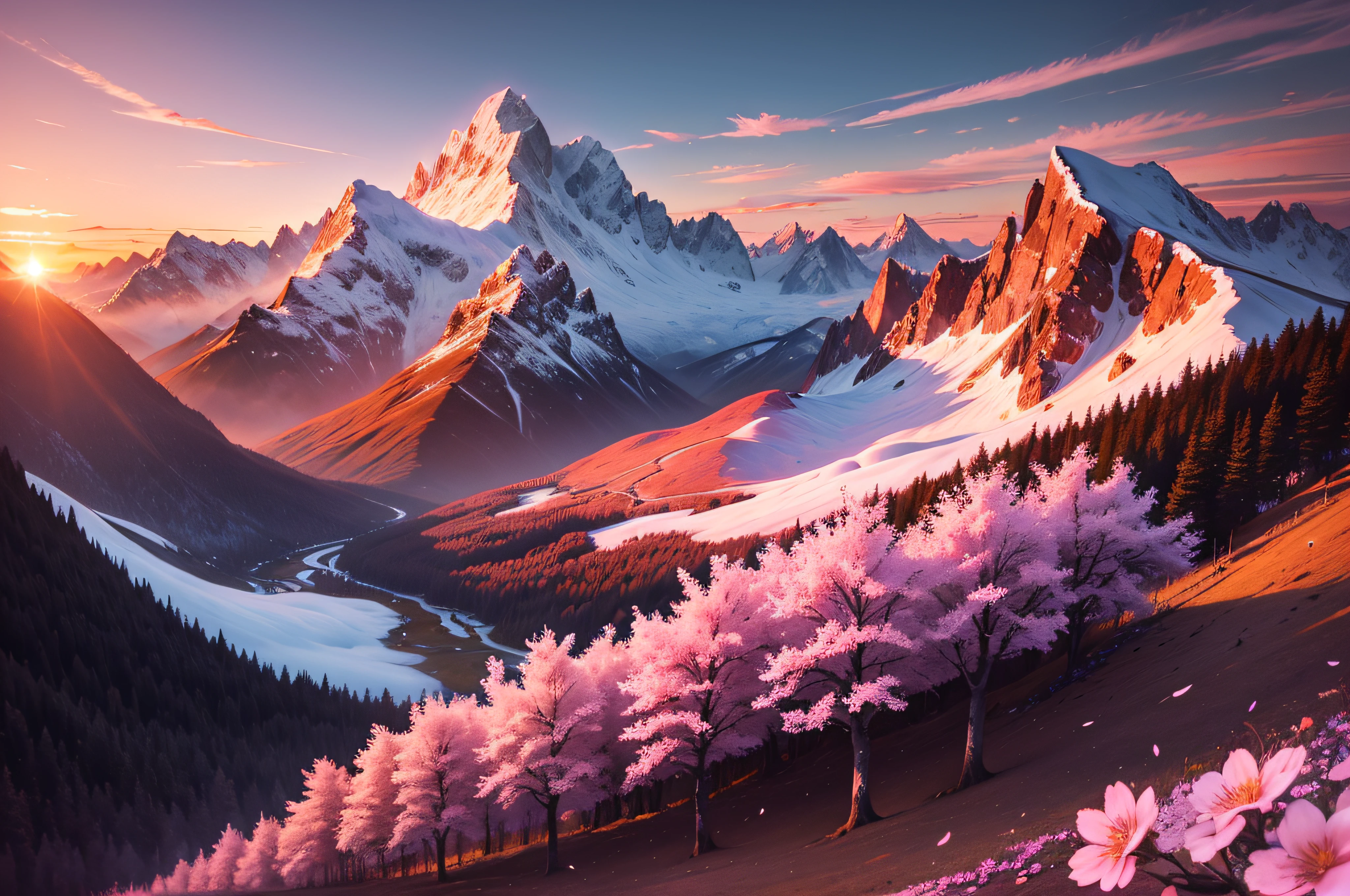 8k, ultrahd, sunset, cherryblossom, mountain, greatview,