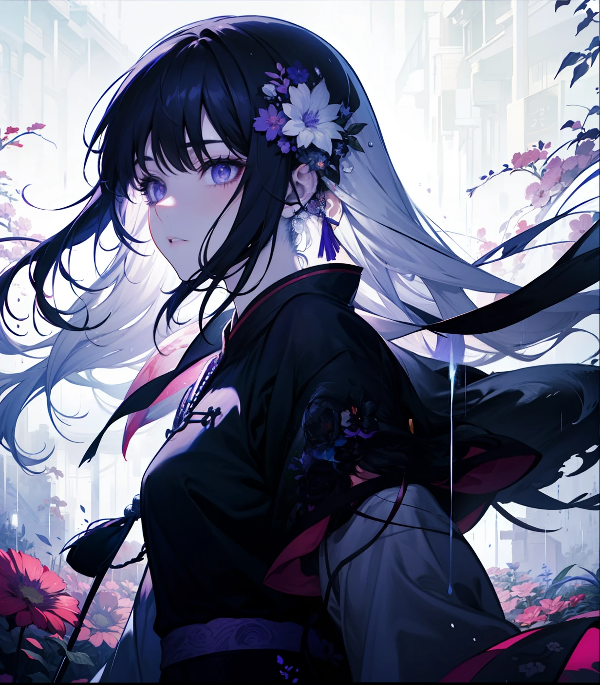 A beautiful white-haired woman who has purple eyes paired with a young black-haired man with flaming crimson eyes. The two of them faced each other in the middle of the higanbana flower field that shone at night. The atmosphere of romantic love along with heavy rainy weather is like an anime scene.