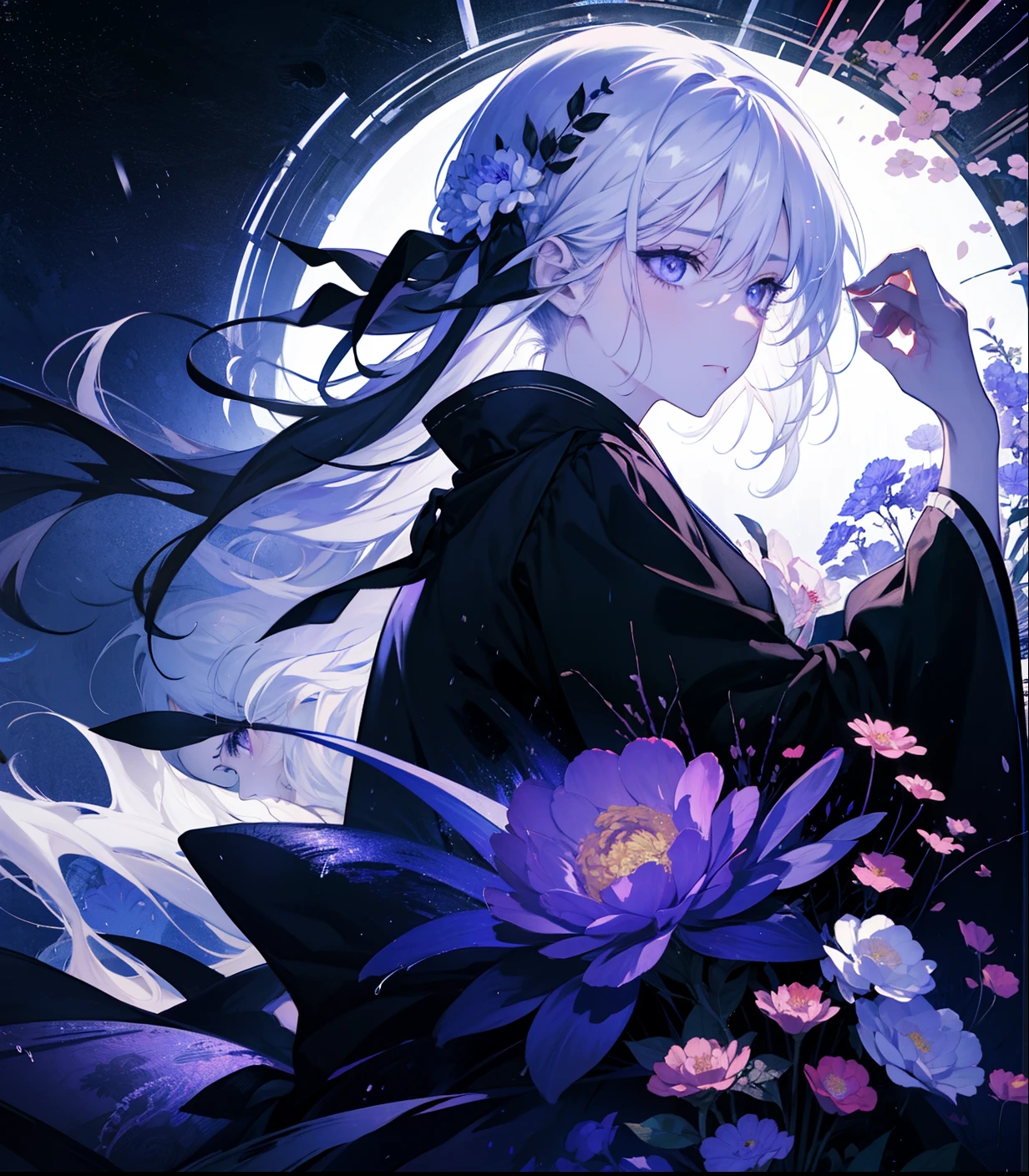 A beautiful white-haired woman who has purple eyes paired with a young black-haired man with flaming crimson eyes. The two of them faced each other in the middle of the higanbana flower field that shone at night. The atmosphere of romantic love along with heavy rainy weather is like an anime scene.
