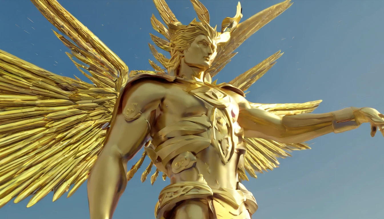 A closeup of a golden statue of a man with wings, unreal motor render saint seiya, CGI 8K, arcanjo, trending on ArtStation.', cg arte, Armadura Dourada Angelical, 8 k cg render, CGSetalidade 8K, CGSetivity 8K, CGSetivity 8K, Directed by: Gabriel Ba, trending in cgsociety, trending in cgsociety