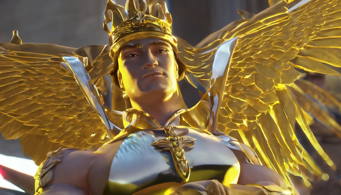 A closeup of a golden statue of a man with wings, unreal motor render saint seiya, CGI 8K, arcanjo, trending on ArtStation.', cg arte, Armadura Dourada Angelical, 8 k cg render, CGSetalidade 8K, CGSetivity 8K, CGSetivity 8K, Directed by: Gabriel Ba, trending in cgsociety, trending in cgsociety