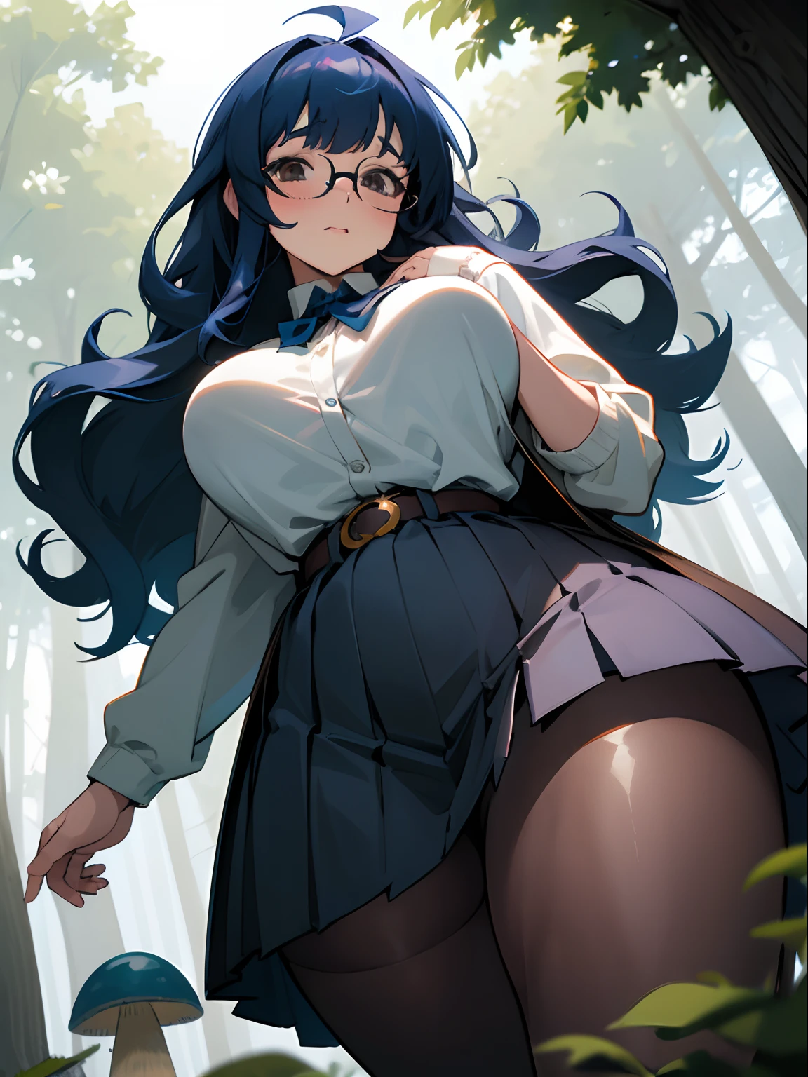 Giantess, tall giantess, biggest breasts, big giantess, anime girl, bangs, very messy hair, wavy hair, dark blue hair, navy blue hair, giantess, anime giantess, masterpiece, best quality, flawless skin, detailed eyes, brown eyes, large chest, big breasts, messy hair, tanned skin, sexy, hot, gigantic size, gigantic, curvy, outdoors, nervous, low angle, outside, in forest, knitted sweater, unbuttoned sweater, button up shirt, shirt under sweater, chest bulging from shirt, tight shirt, short skirt, fantasy, fantasy design, detailed fantasy design, nervous, glasses, buxom, chubby, sexy, clumsy, viewed from below, fluffy bangs, streaks in hair, scientist, huge breasts, chubby, chubby tummy, pudgy tummy, tubby stomach, outdoors, in the woods,chubby girl, very dark blue hair, very dark navy hair, pleated skirt, very short skirt, buttoned up shirt, shirt tucked in, shirt tucked into skirt, fat, cute, awkward expression, blushing, waist up, long hair, sagging breasts, wide waist, fantasy world, in magic forest, magical forest, glowing forest, toadstools, bright colour, pantyhose, bright background, sparkles, magical setting, surrounded by toadstools, mushrooms, in magical world, isekai