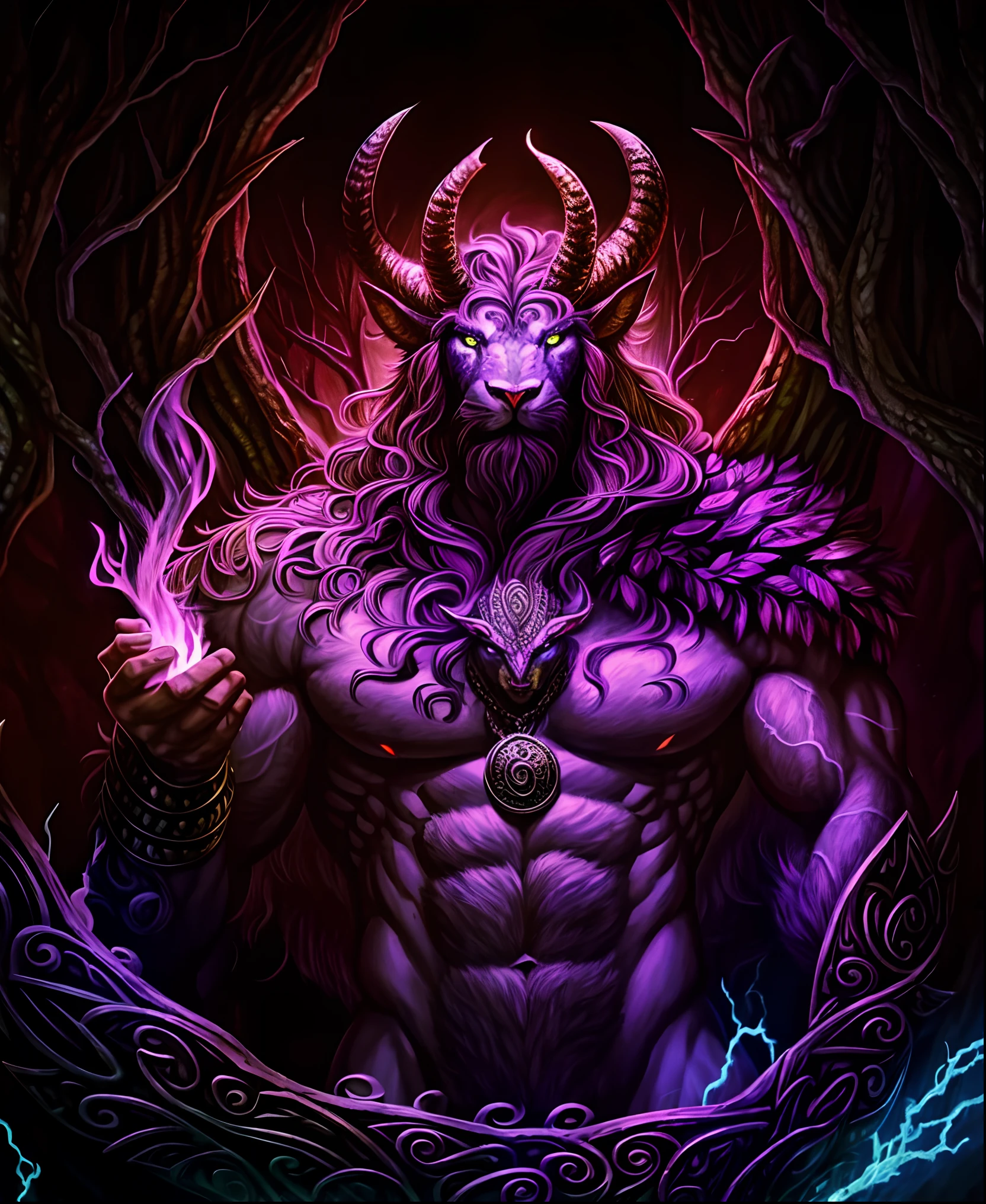 Mutant druidic god of animals, god of faun, god of preys, god of predators, mutant god, chimera god, draconic god, fur, feathers, scales, mythological portrait of the god of animals, all mighty and powerful, portrait