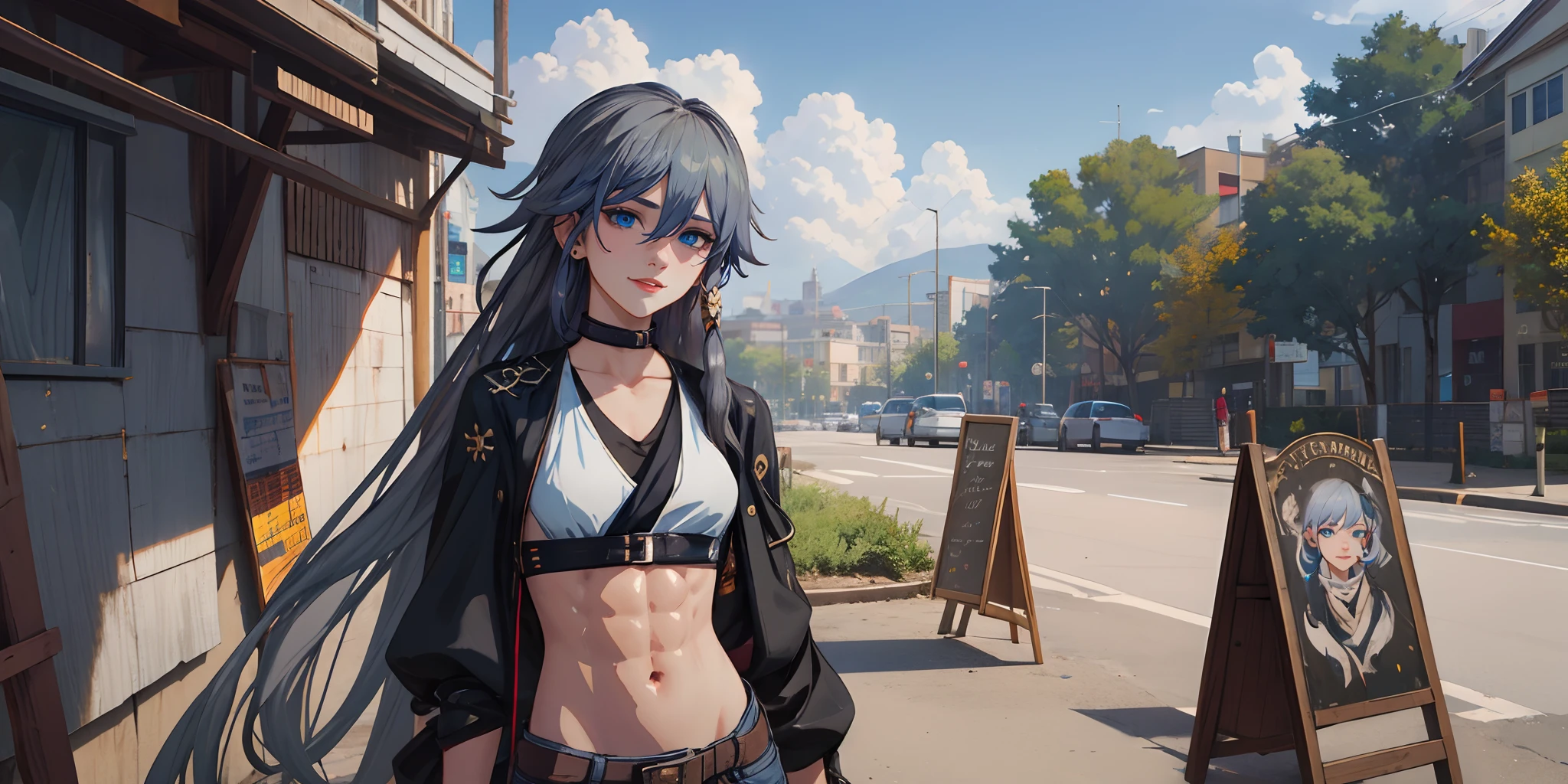 Fu Hua(Rustic Noir), (long hair, grey hair:1.6), 1girl, blue_eyes, jacket, midriff, sky, breasts, eyewear_on_head, goggles, day, goggles_on_head, crop_top, solo, open_jacket, navel, building, looking_at_viewer, black_jacket, blue_sky, cloud, outdoors, toned, long_sleeves, city, open_clothes, medium_breasts, upper_body, glow effects, godrays, Hand drawn, render, 8k, octane render, cinema 4d, blender, dark, atmospheric 4k ultra detailed, cinematic, Sharp focus, big depth of field, Masterpiece, colors, 3d octane render, 4k, concept art, trending on artstation, hyperrealistic, Vivid colors, extremely detailed CG unity 8k wallpaper, trending on CGSociety, Intricate, High Detail, dramatic