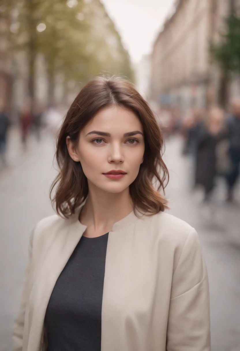 Delicate woman, wavy and slightly short hair. She is walking on a busy sidewalk. She is wearing listening clothes.