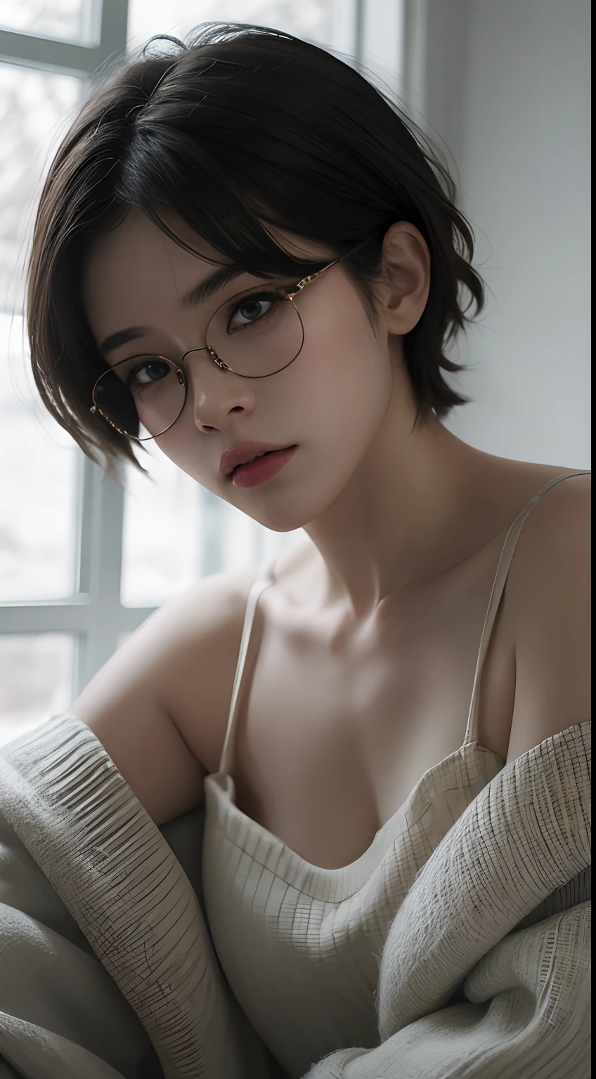 Beautiful young woman sitting at a table in the dark, Wearing an off-the-shoulder dress, Her short hair frames her face, Immerse yourself in the cold, Dramatic lighting that creates deep shadows, Realistic, high-resolution RAW photos showcasing her seductive and glamorous look, Two arms, 5 fingers per hand 